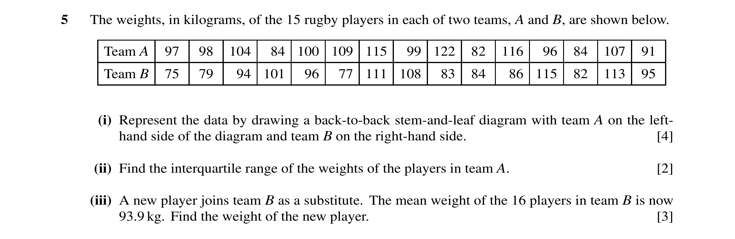 Question 43: The weights, in kilograms, of the 15 rugby players in each of two teams, A and B, are shown below. Team A 97 98 104 84 100 109 115 99 122 8…