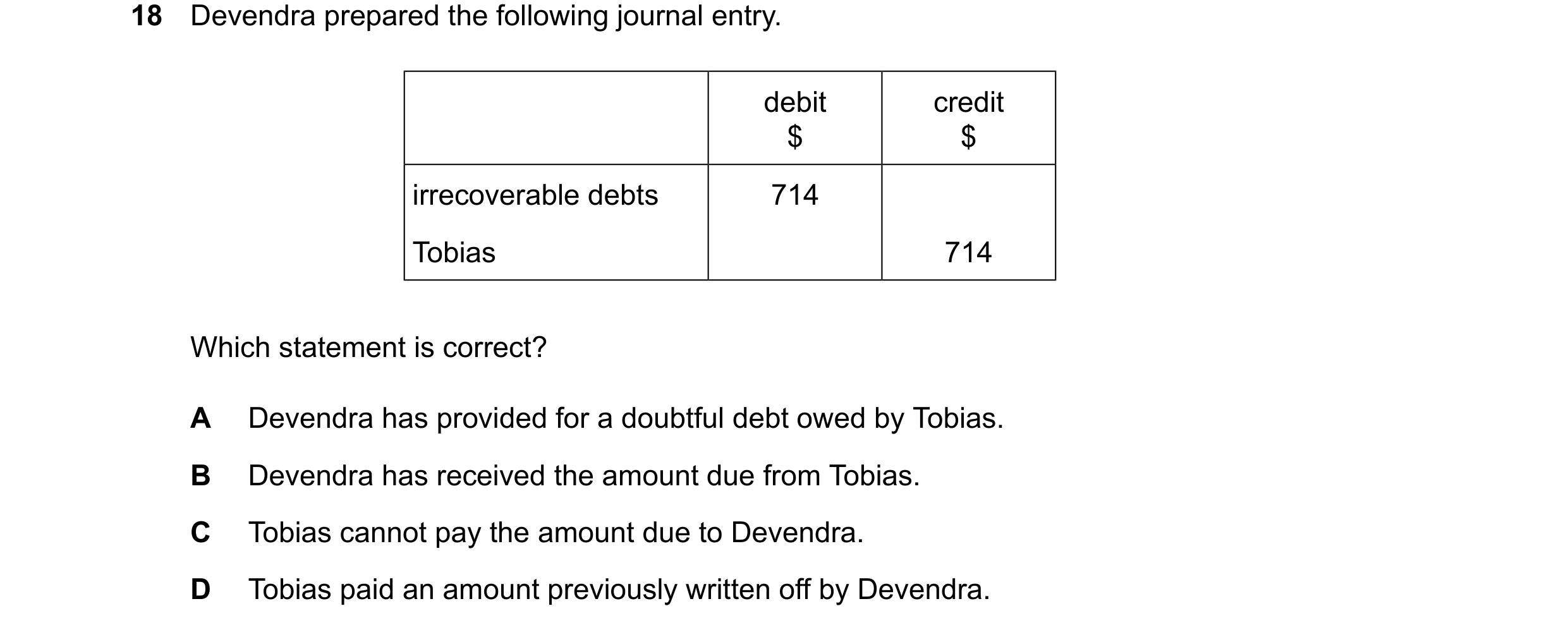 Question 39: Devendra prepared the following journal entry. debit credit $ $ irrecoverable debts 714 Tobias 714 Which statement is correct? A Devendra h…