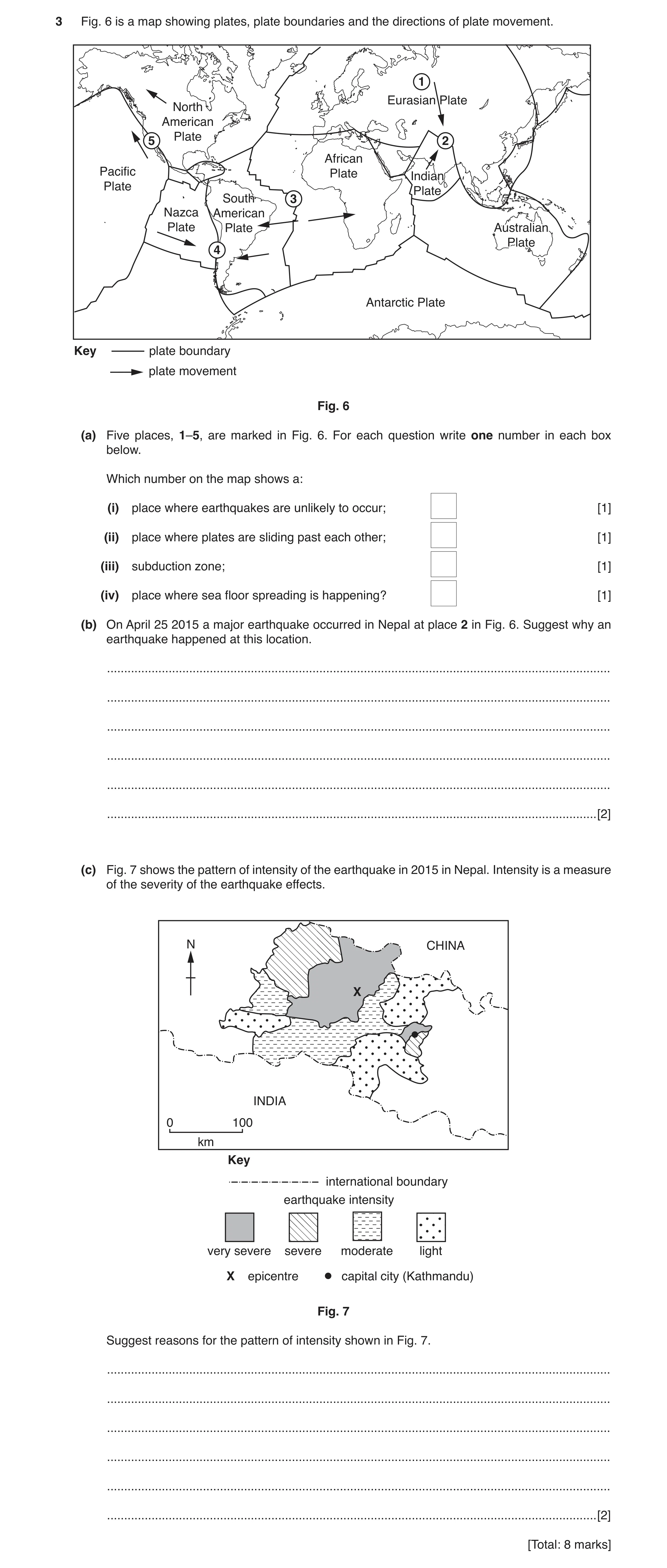 Question 2: Fig. 6 is a map showing plates, plate boundaries and the directions of plate movement. 1 Eurasian Plate North American Plate 5 2 African Pa…