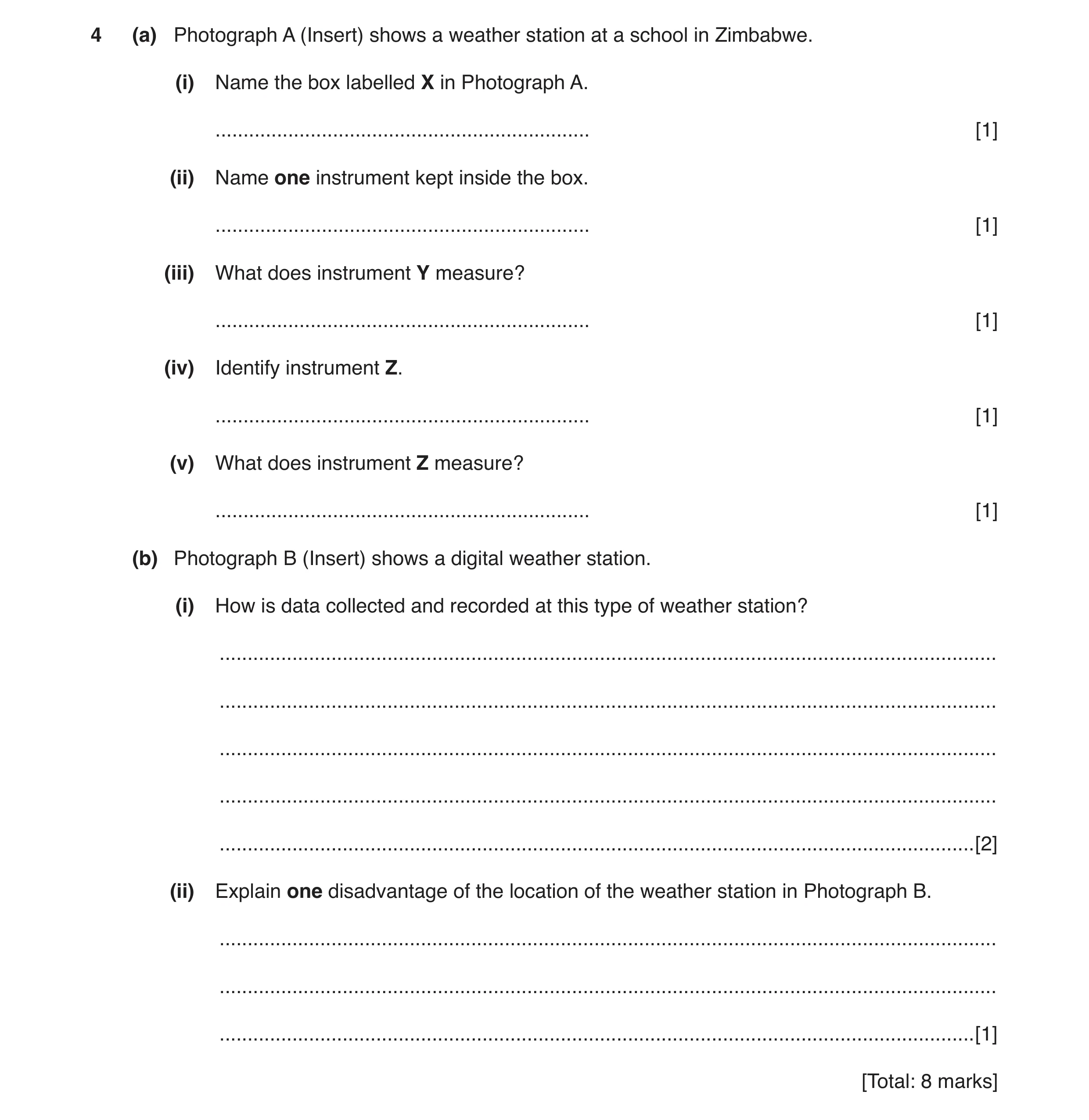 Question 5: (a) Photograph A (Insert) shows a weather station at a school in Zimbabwe. (i) Name the box labelled X in Photograph A. ...................…