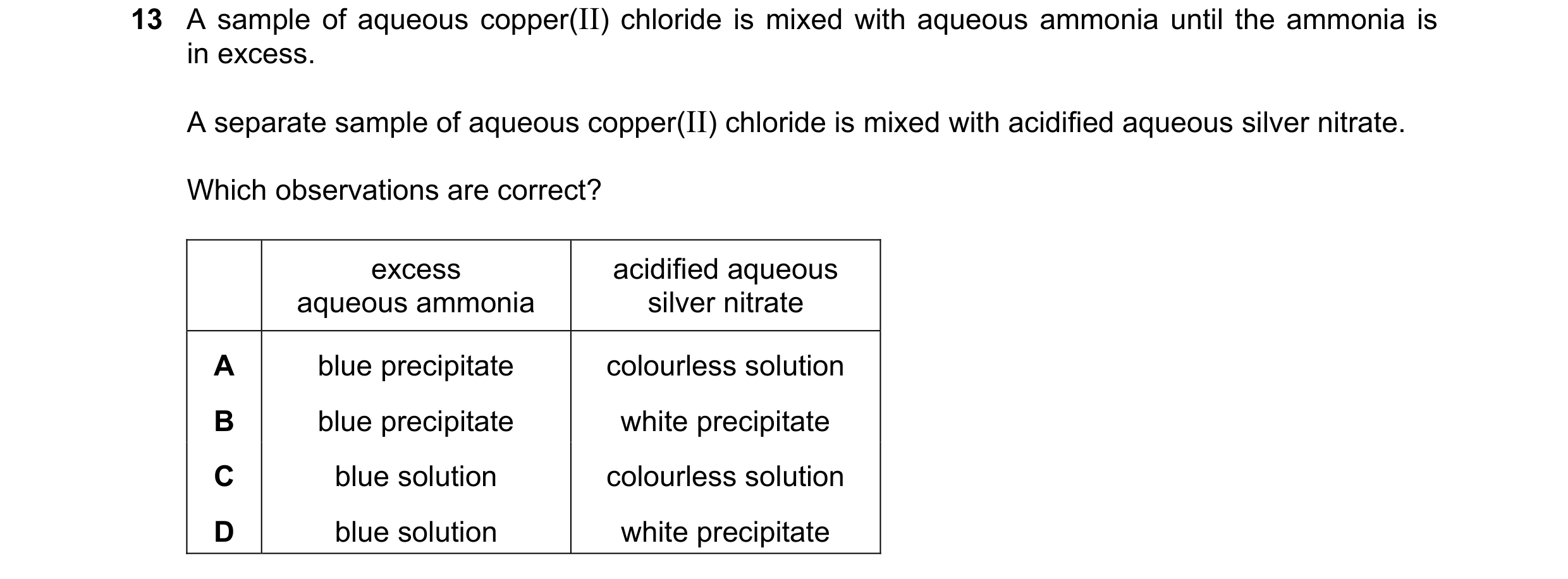 Question 11: A sample of aqueous copper(II) chloride is mixed with aqueous ammonia until the ammonia is in excess. A separate sample of aqueous copper(I…