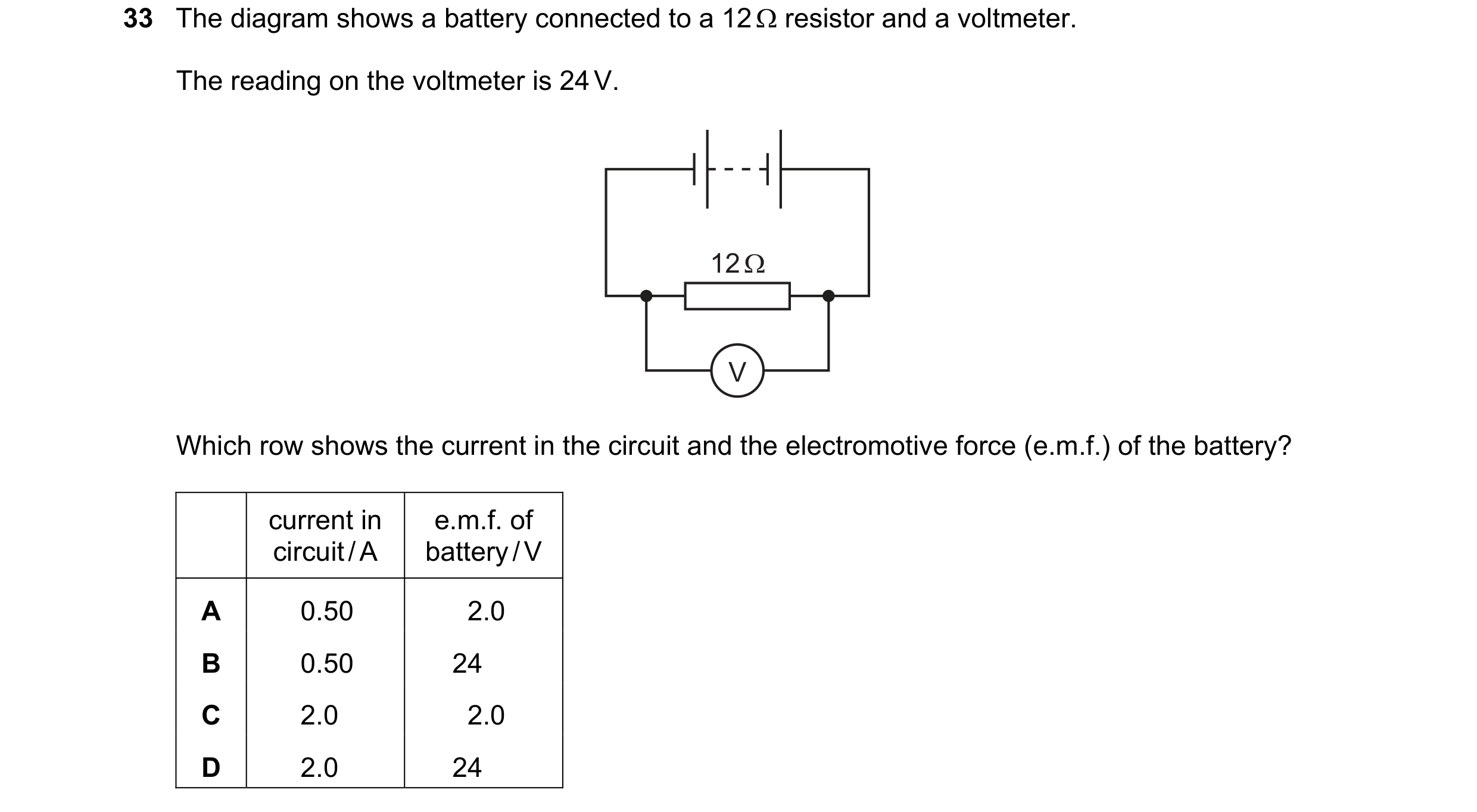 Question 19: The diagram shows a battery connected to a 12  resistor and a voltmeter. The reading on the voltmeter is 24 V. 12 Ω V Which row shows the …
