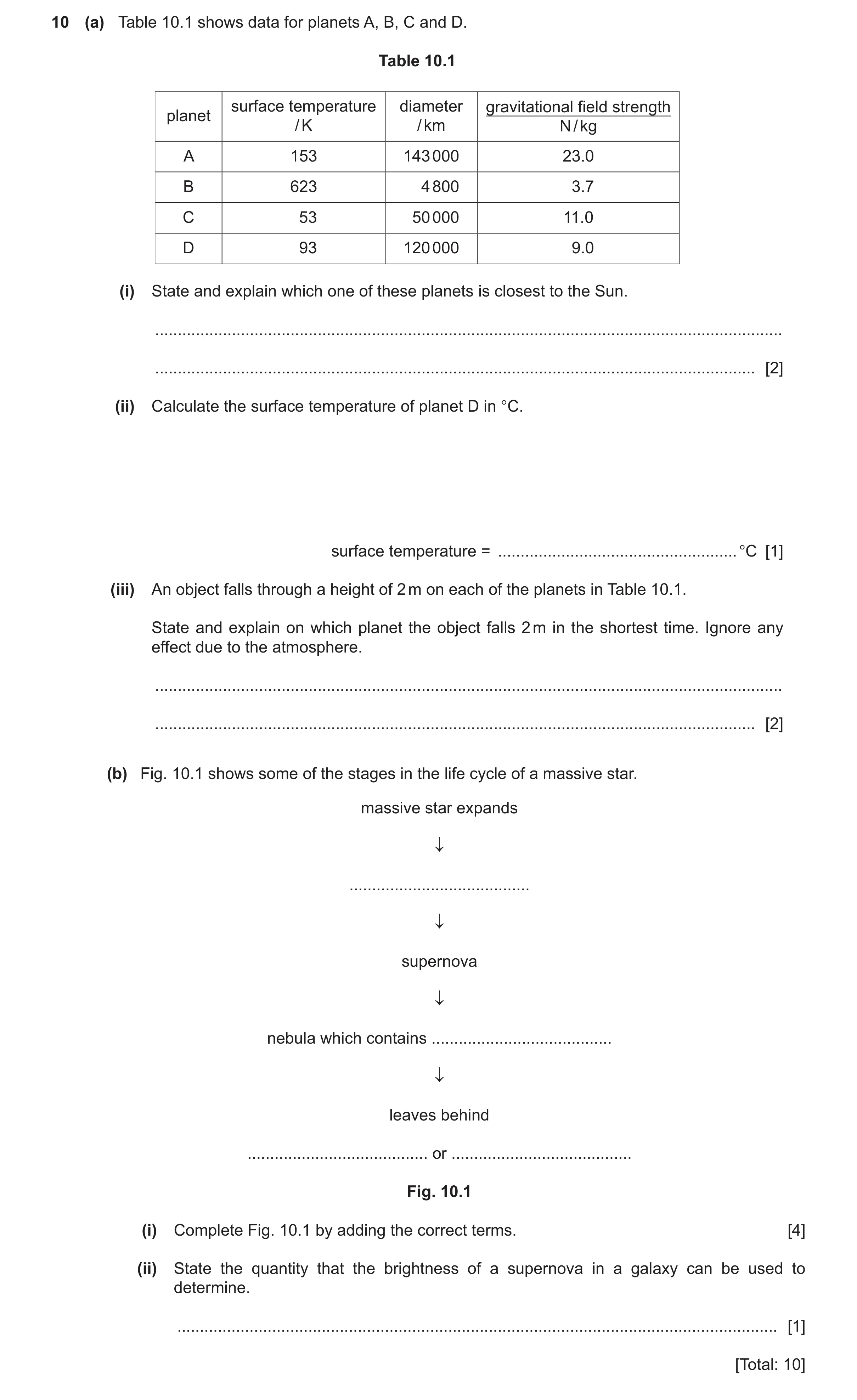 Question 10: (a) Table 10.1 shows data for planets A, B, C and D. Table 10.1 surface temperature diameter gravitational field strength planet / K / km N…