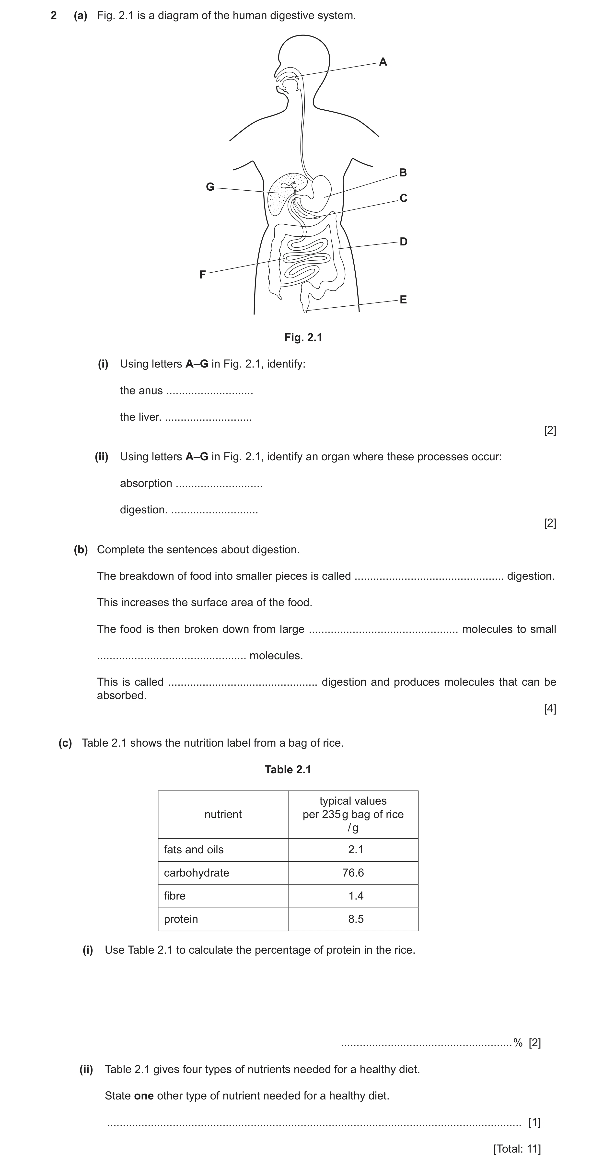 Question 14: (a) Fig. 2.1 is a diagram of the human digestive system. A B G C D F E Fig. 2.1 (i) Using letters A–G in Fig. 2.1, identify: the anus .....…