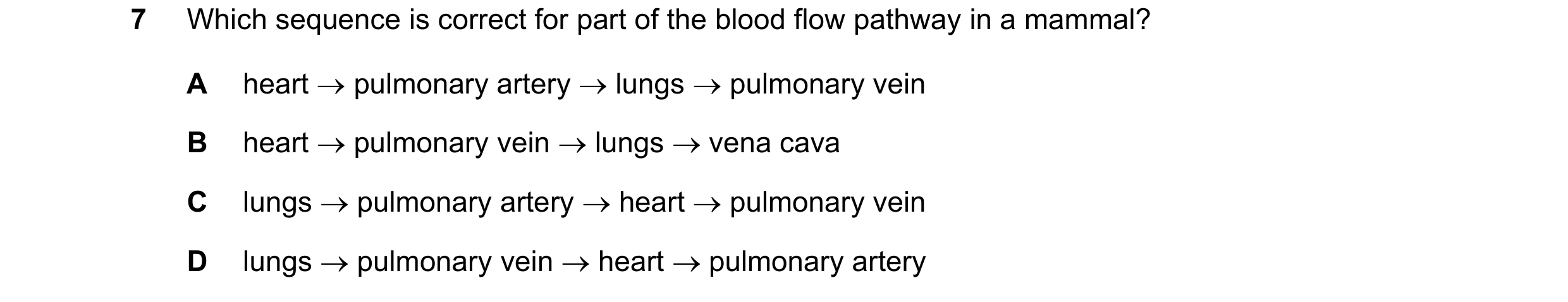 Question 6: Which sequence is correct for part of the blood flow pathway in a mammal? A heart → pulmonary artery → lungs → pulmonary vein B heart → pul…