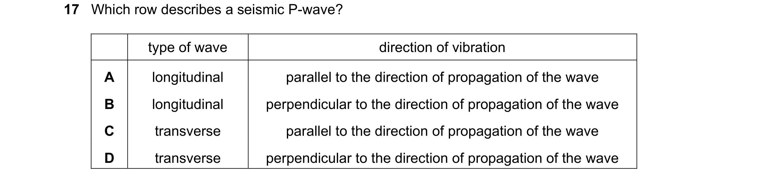 Question 13: Which row describes a seismic P-wave? type of wave direction of vibration A longitudinal parallel to the direction of propagation of the wa…