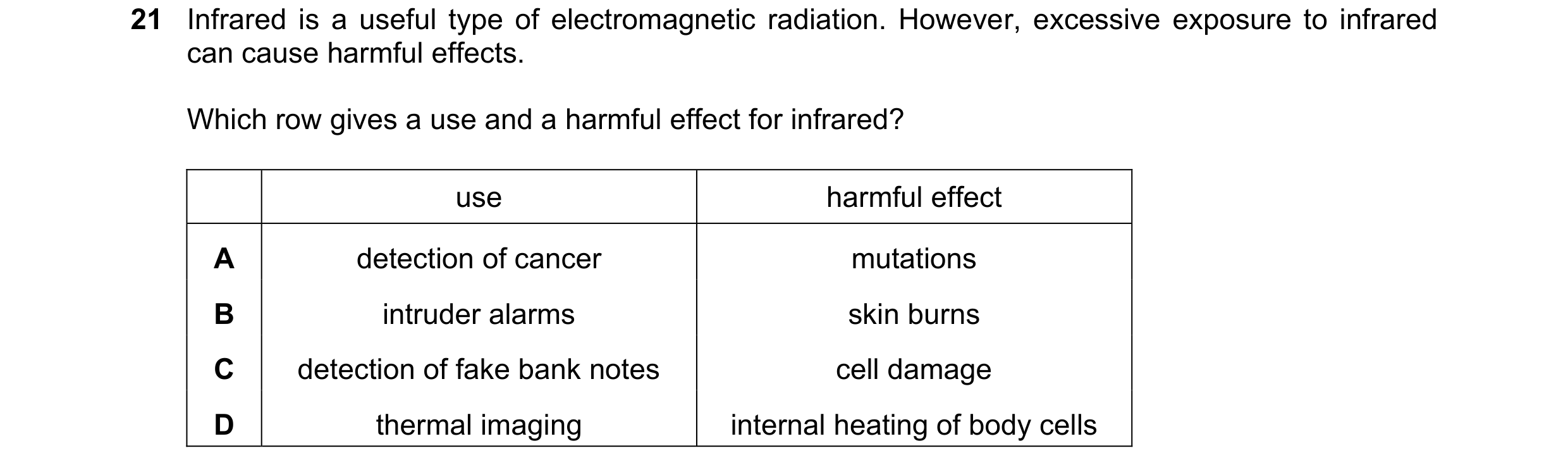 Question 21: Infrared is a useful type of electromagnetic radiation. However, excessive exposure to infrared can cause harmful effects. Which row gives …