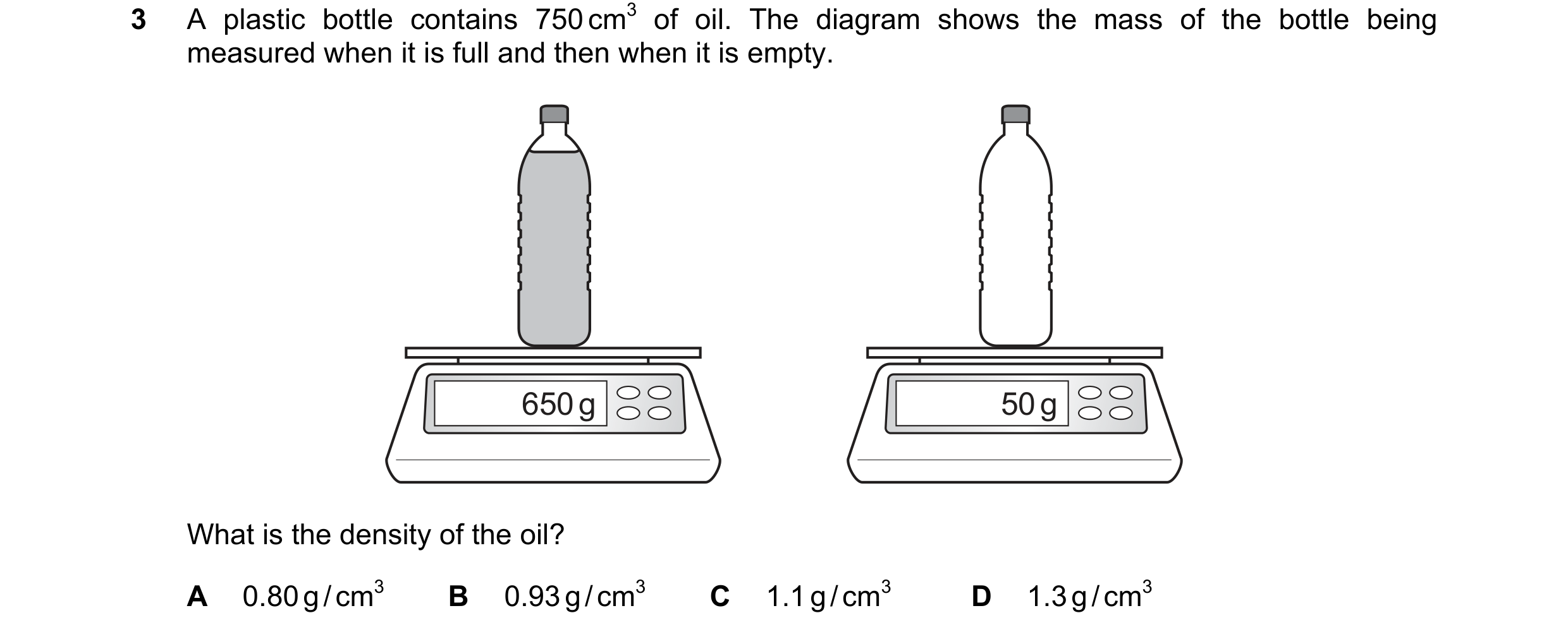 Question 29: A plastic bottle contains 750 cm3 of oil. The diagram shows the mass of the bottle being measured when it is full and then when it is empty…