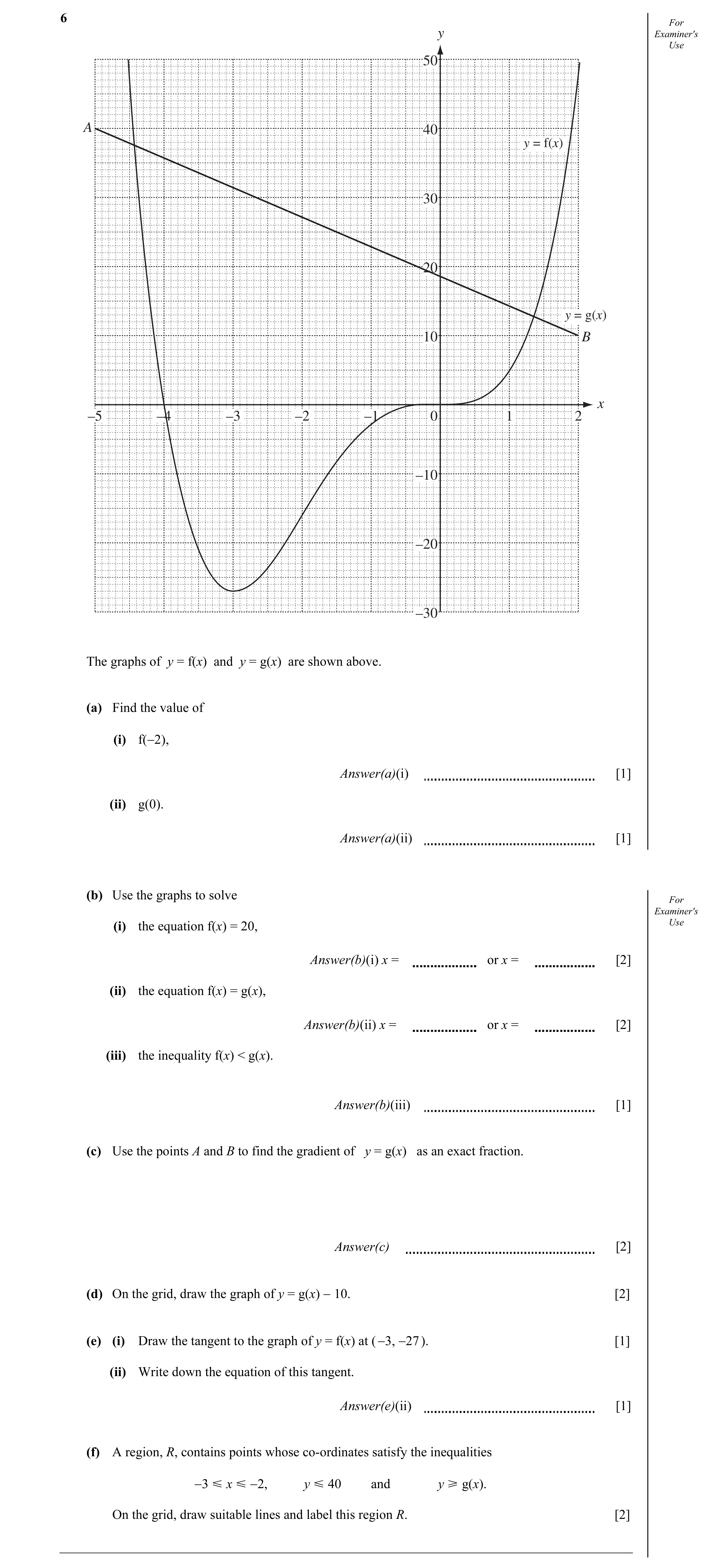 Question 3: For y Examiner's Use 50 A 40 y = f(x) 30 20 y = g(x) 10 B x –5 –4 –3 –2 –1 0 1 2 –10 –20 –30 The graphs of y = f(x) and y = g(x) are shown …