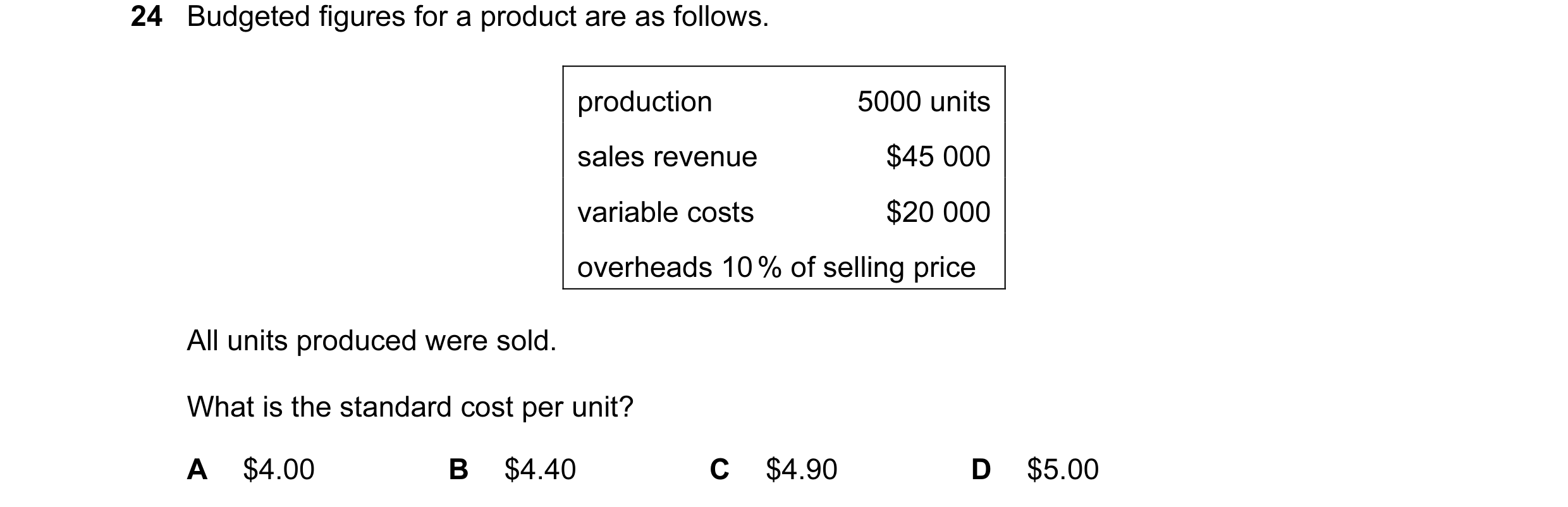 Question 18: Budgeted figures for a product are as follows. production 5000 units sales revenue $45 000 variable costs $20 000 overheads 10 % of selling…