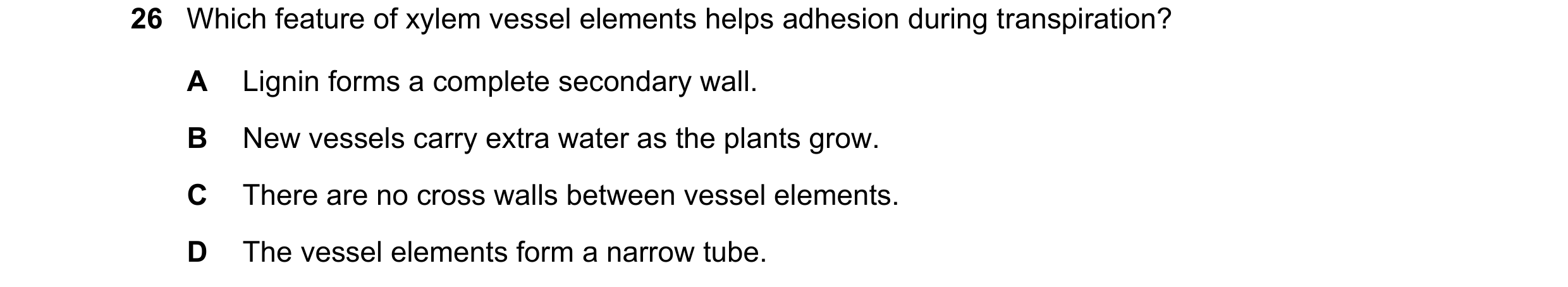 Question 98: Which feature of xylem vessel elements helps adhesion during transpiration? A Lignin forms a complete secondary wall. B New vessels carry e…