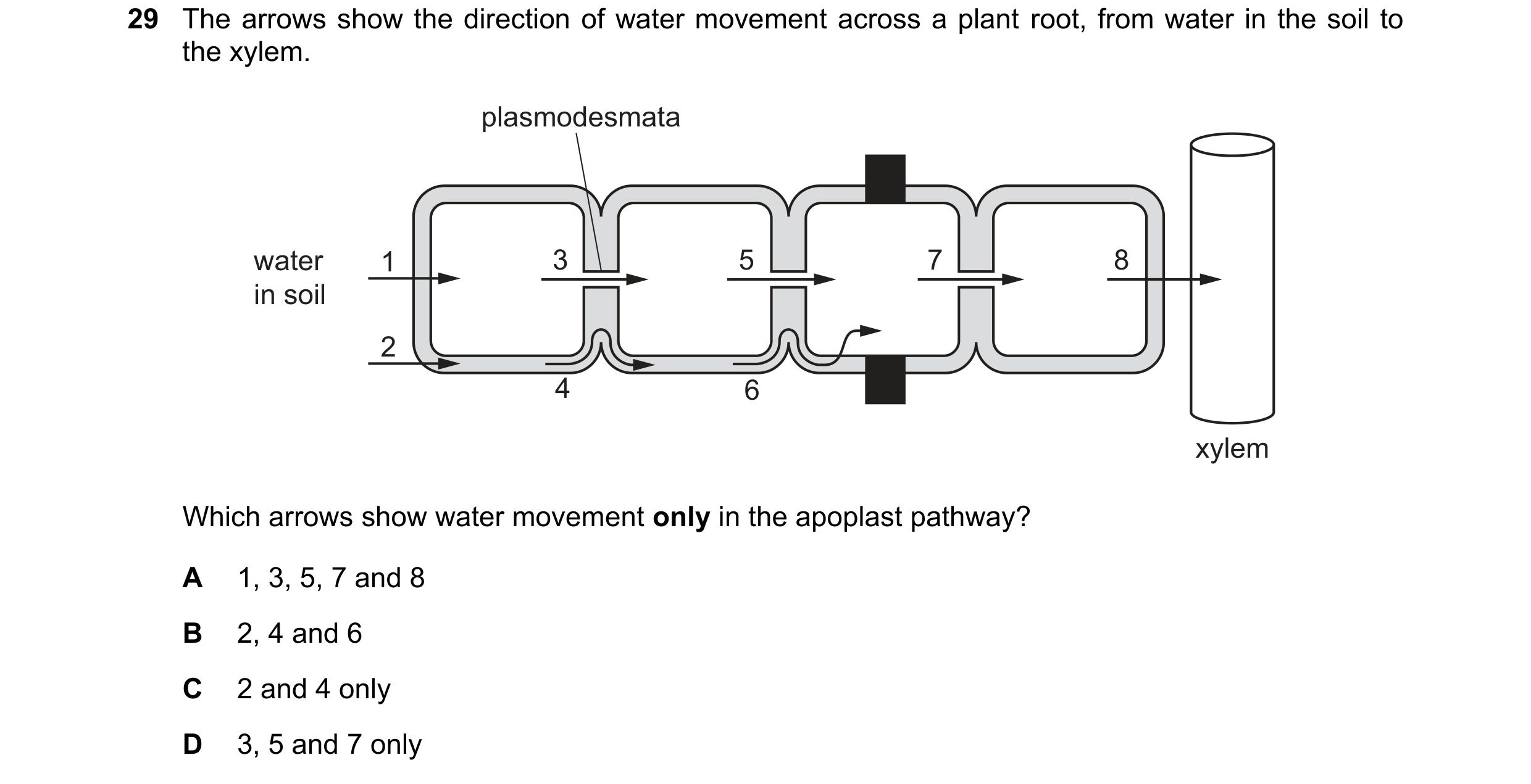 Question 289: The arrows show the direction of water movement across a plant root, from water in the soil to the xylem. plasmodesmata water 1 3 5 7 8 in …