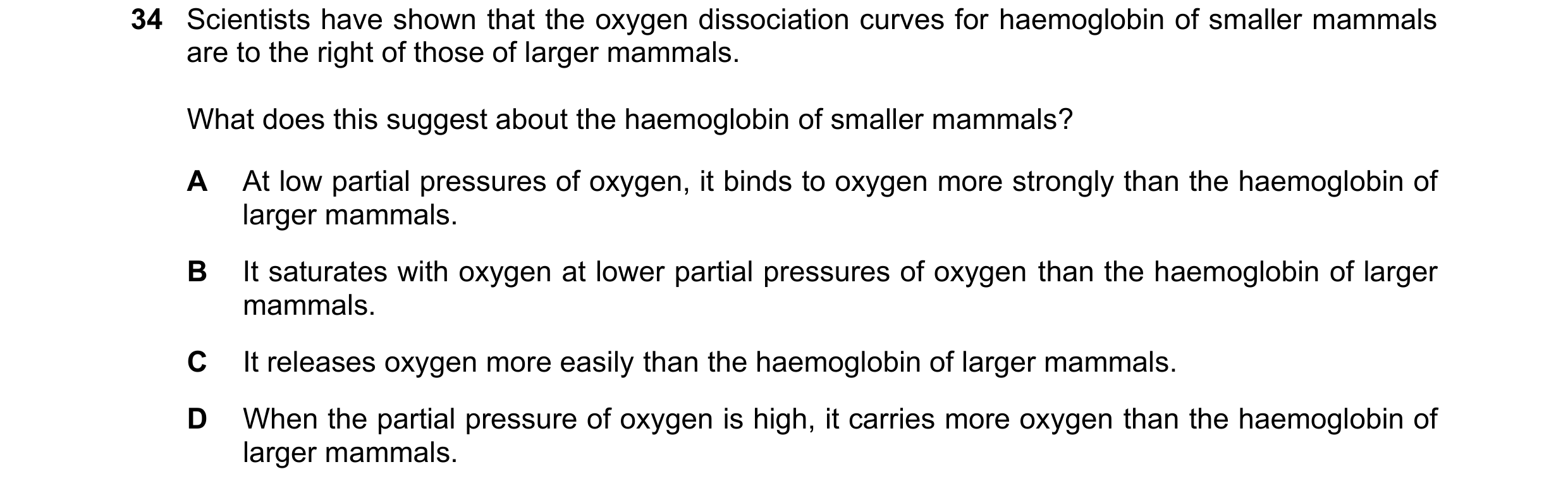Question 160: Scientists have shown that the oxygen dissociation curves for haemoglobin of smaller mammals are to the right of those of larger mammals. W…