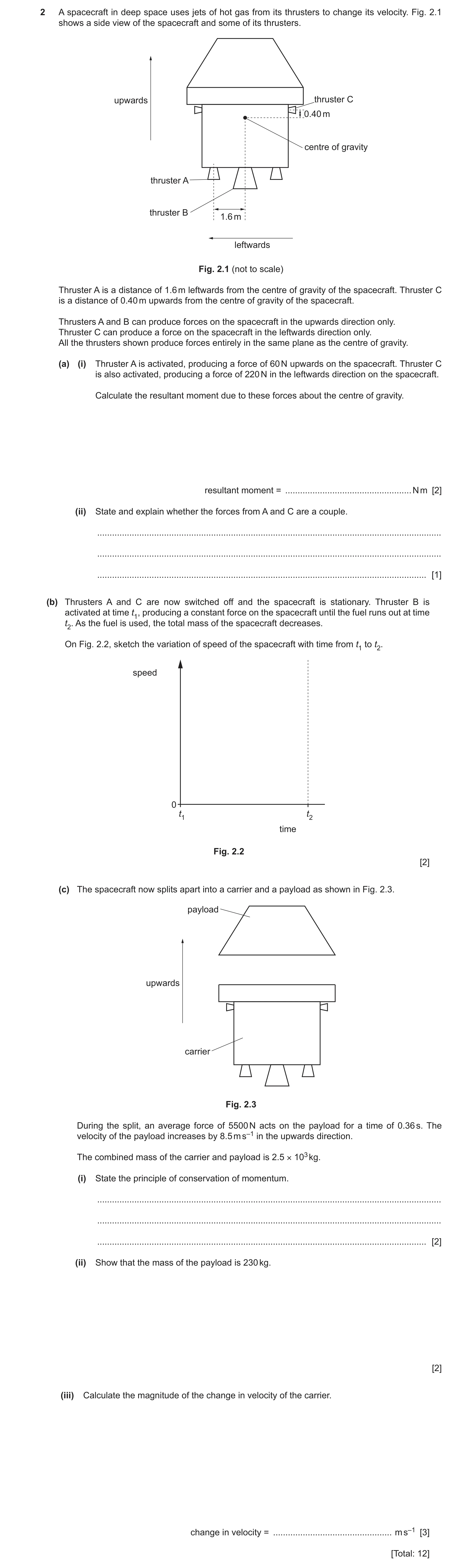 Question 28: A spacecraft in deep space uses jets of hot gas from its thrusters to change its velocity. Fig. 2.1 shows a side view of the spacecraft and…