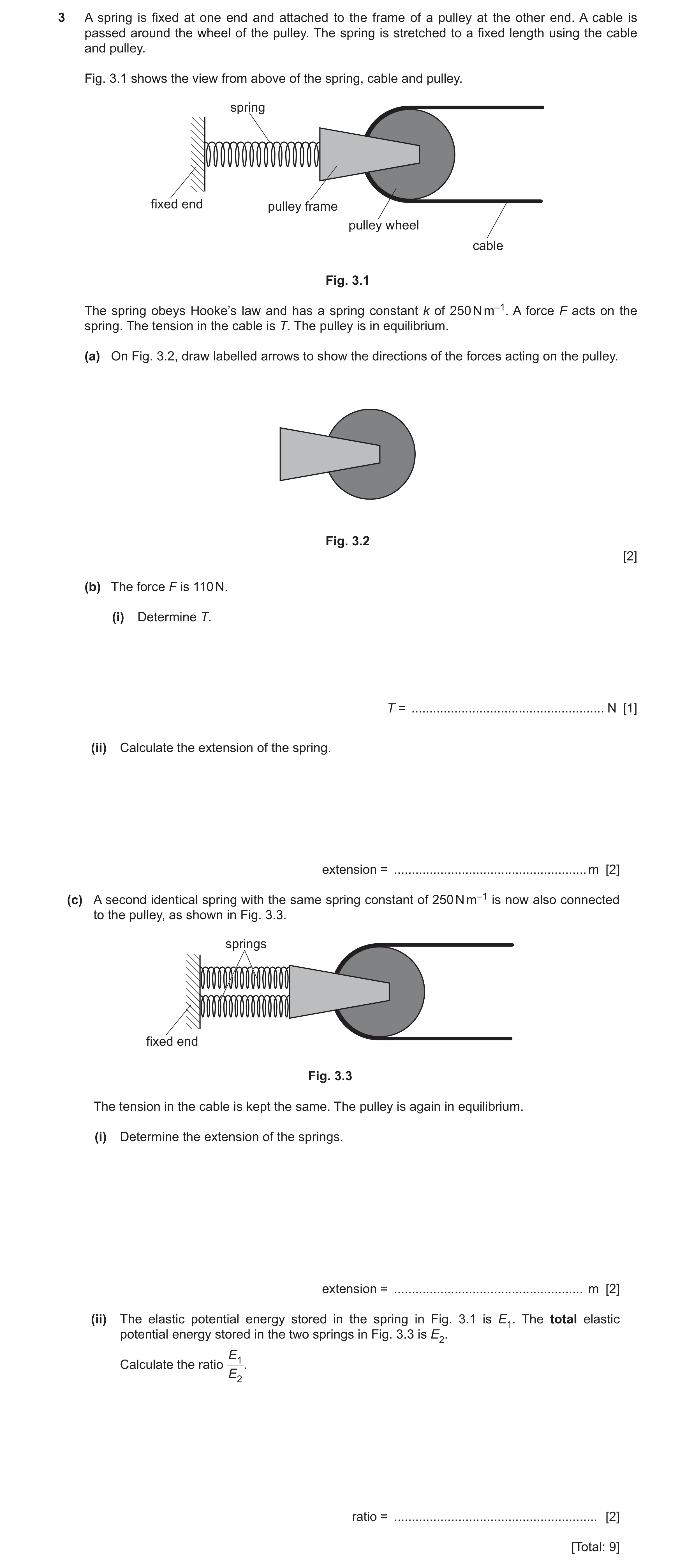 Question 17: A spring is fixed at one end and attached to the frame of a pulley at the other end. A cable is passed around the wheel of the pulley. The …