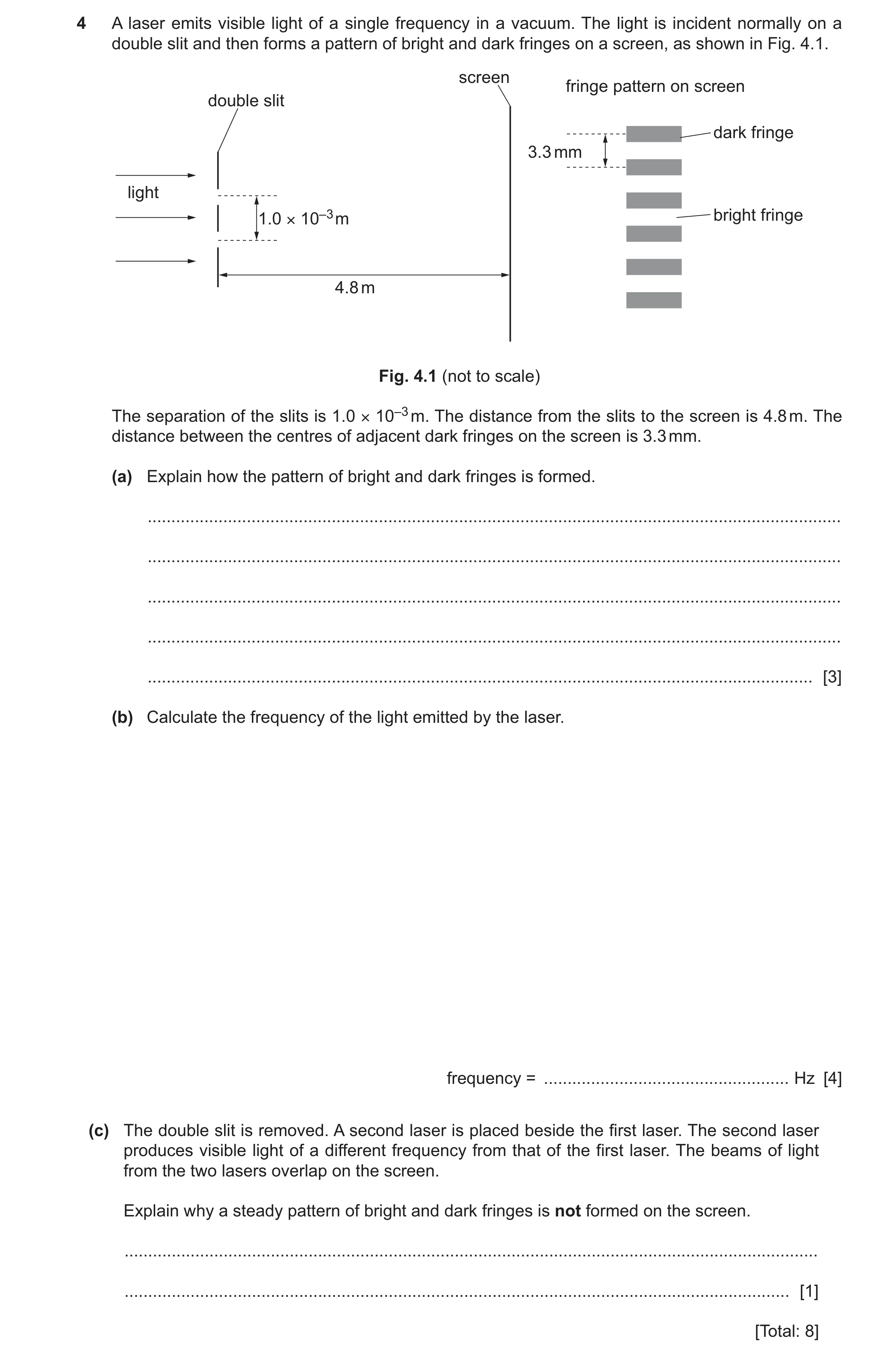 Question 18: A laser emits visible light of a single frequency in a vacuum. The light is incident normally on a double slit and then forms a pattern of …