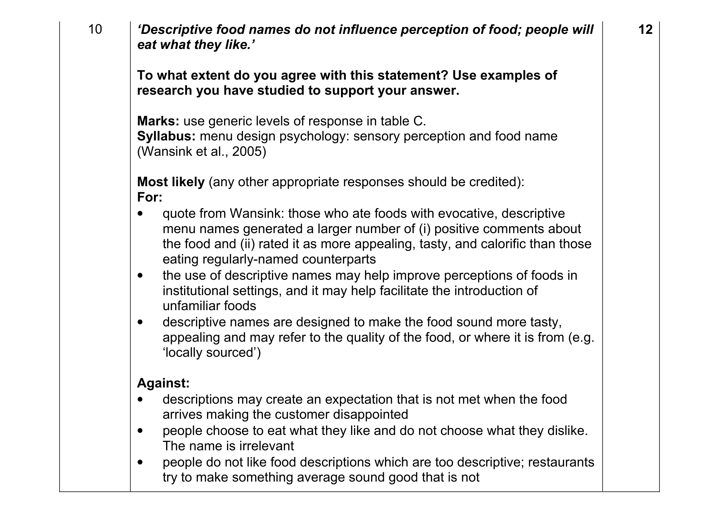 Mark scheme for question 9