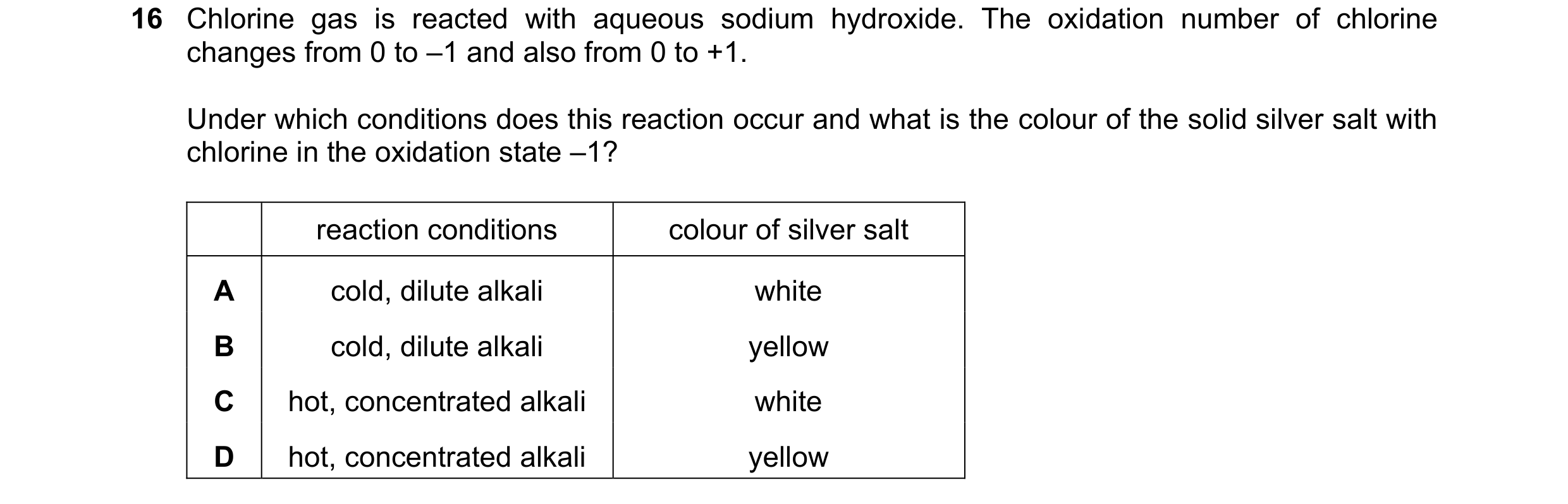 Question 250: Chlorine gas is reacted with aqueous sodium hydroxide. The oxidation number of chlorine changes from 0 to –1 and also from 0 to +1. Under w…