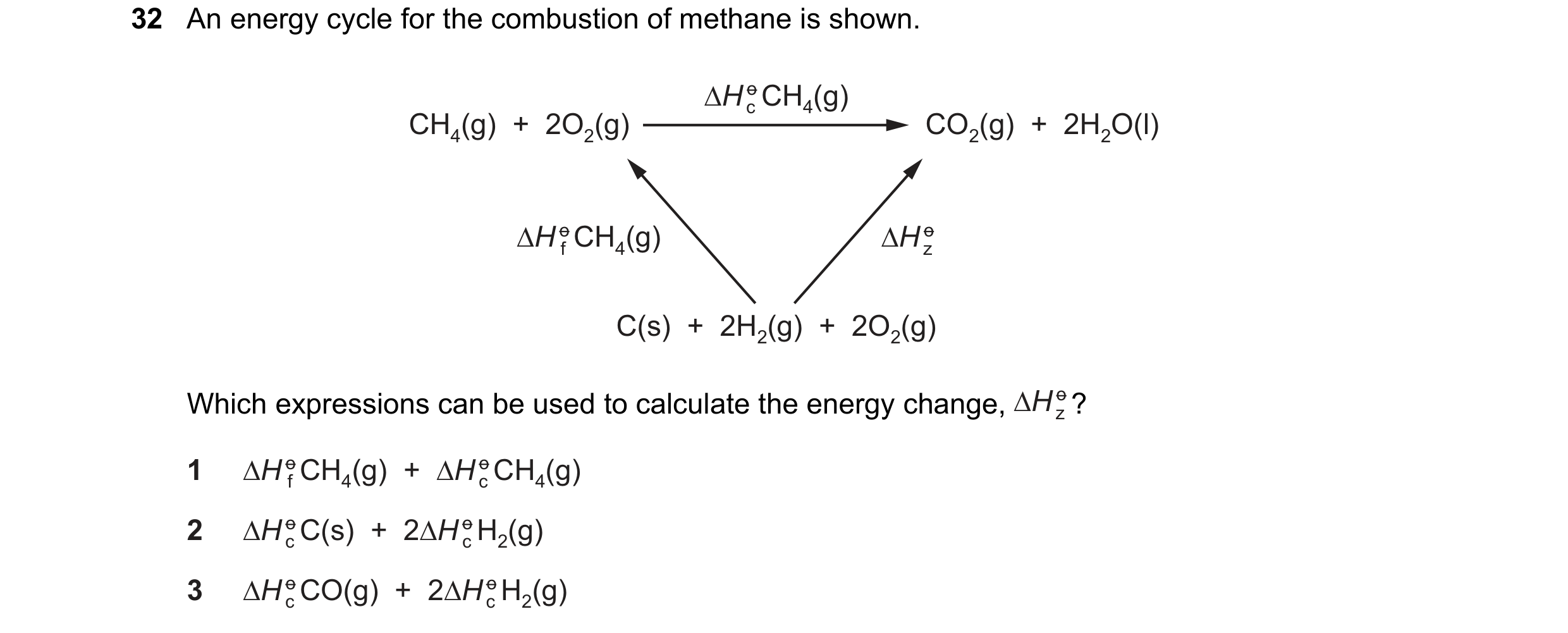 Question 46: An energy cycle for the combustion of methane is shown. ∆H o CH4(g) CH4(g)  +  2O2(g) c CO2(g)  +  2H2O(l) ∆H o CH4(g) ∆H o f z C(s)  +  2H…