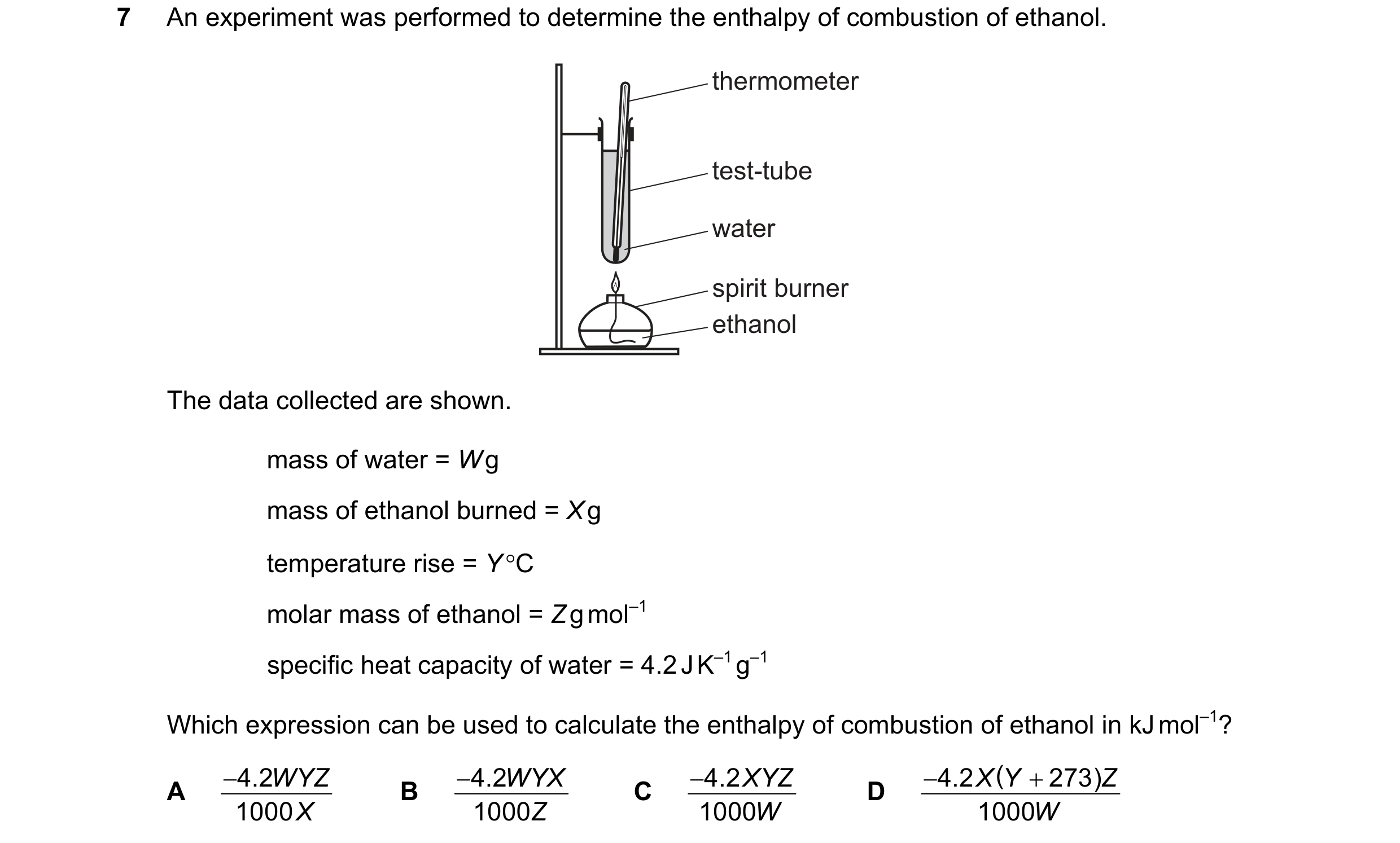 Question 166: An experiment was performed to determine the enthalpy of combustion of ethanol. thermometer test-tube water spirit burner ethanol The data …