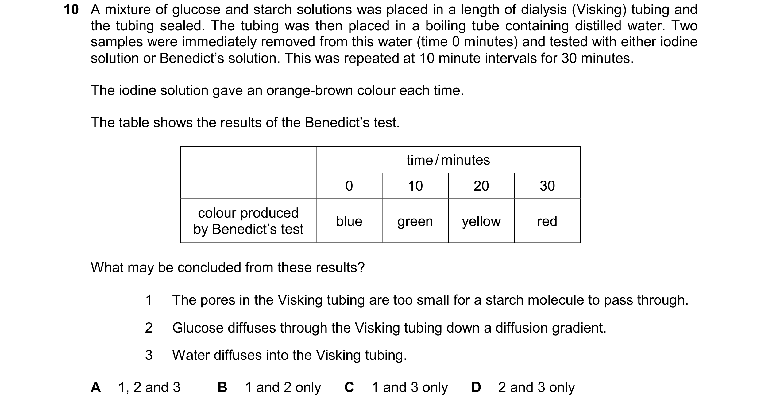 Question 239: A mixture of glucose and starch solutions was placed in a length of dialysis (Visking) tubing and the tubing sealed. The tubing was then pl…