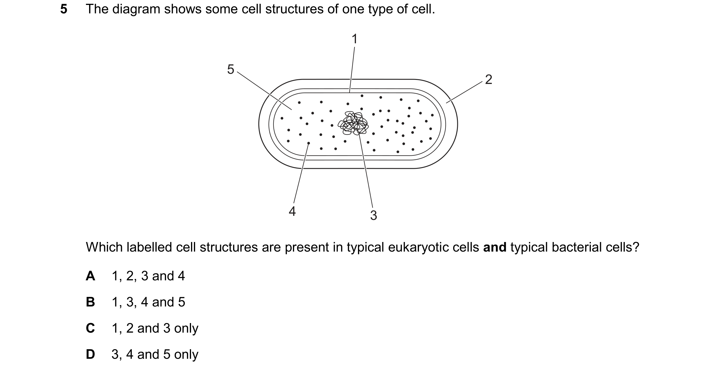 Question 358: The diagram shows some cell structures of one type of cell. 1 5 2 4 3 Which labelled cell structures are present in typical eukaryotic cell…