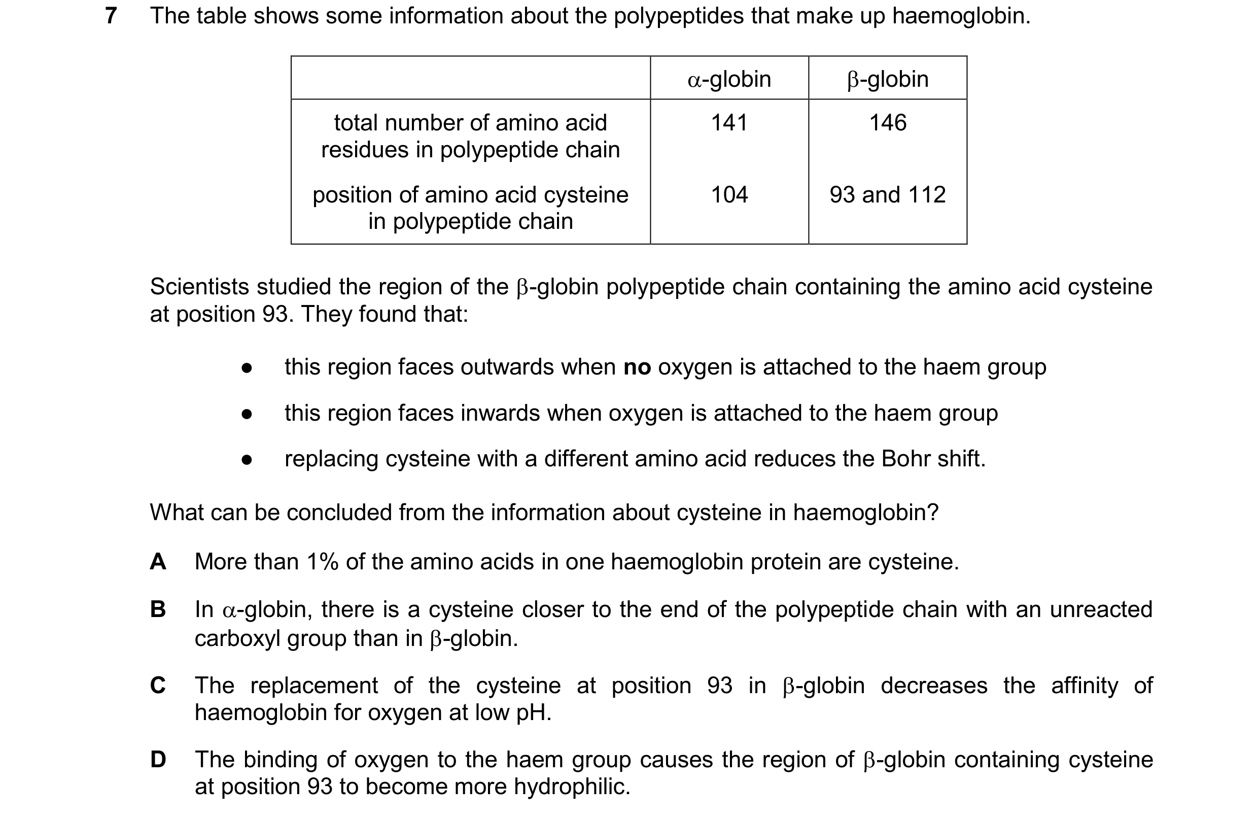 Question 241: The table shows some information about the polypeptides that make up haemoglobin. -globin -globin total number of amino acid 141 146 resi…