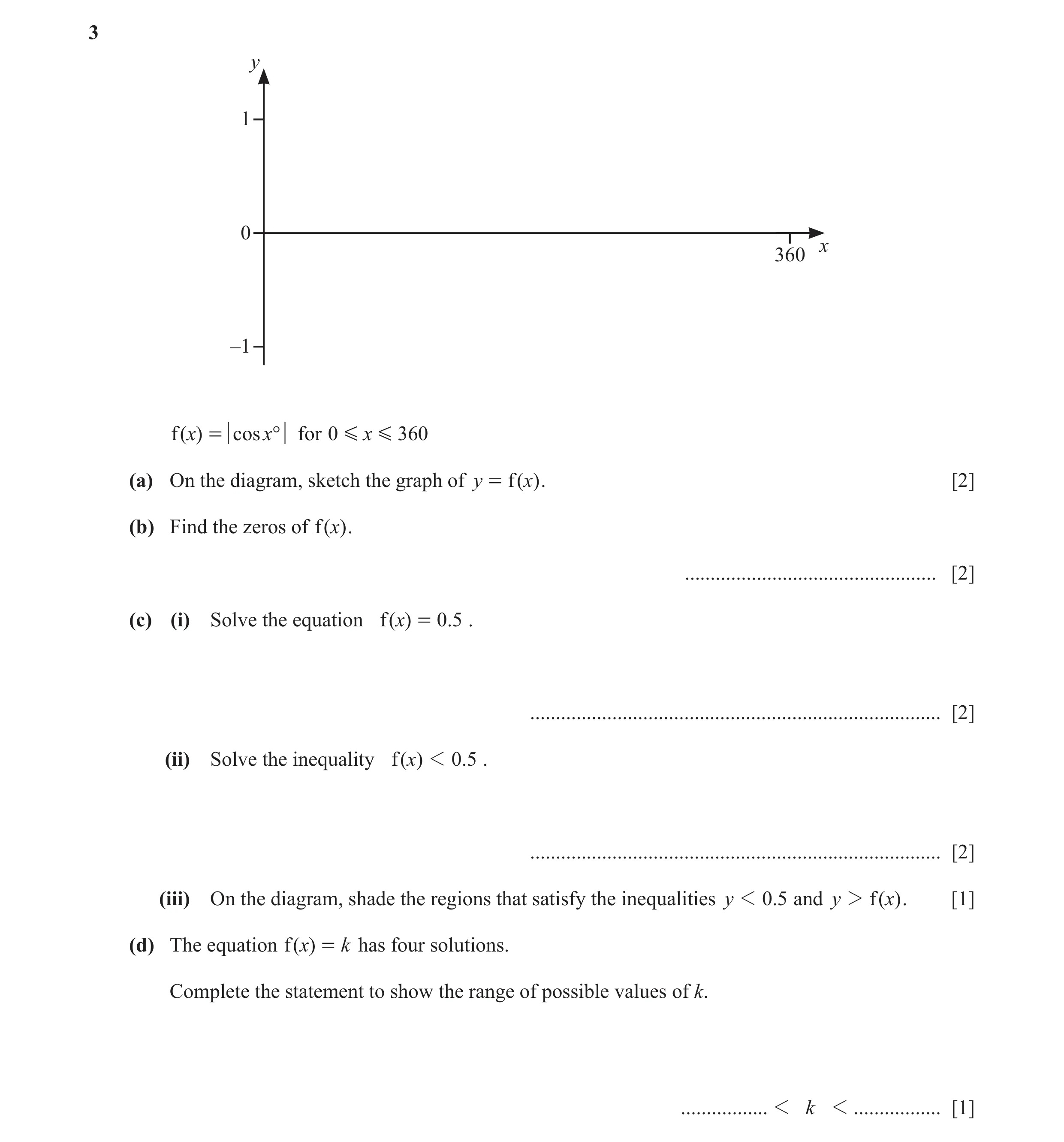 Question 23: y 1 0 x 360 –1 f ( x) = cos x° for 0 G x G 360 (a) On the diagram, sketch the graph of y = f ( x) . [2] (b) Find the zeros of f ( )x . ....…