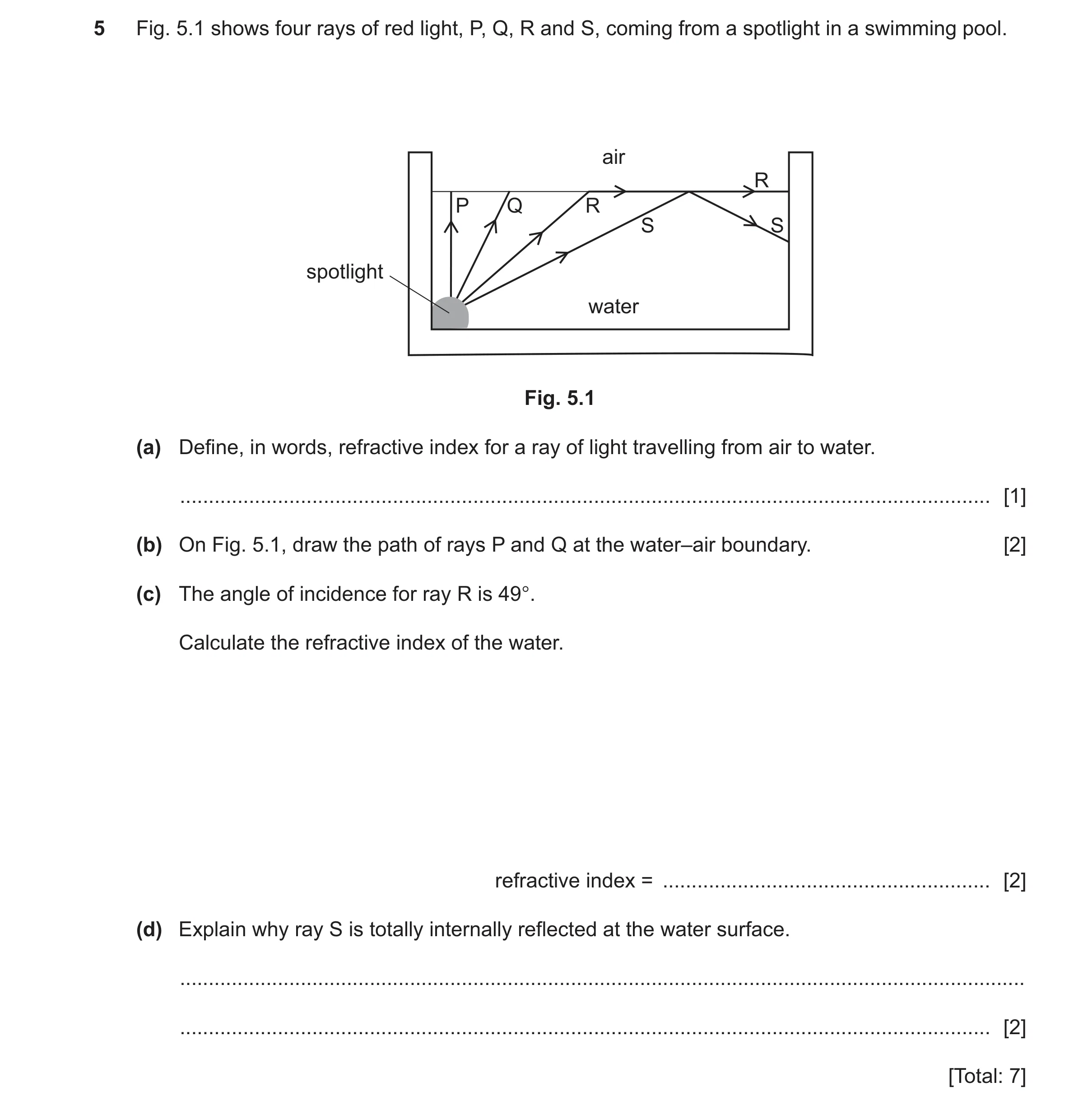 Question 50: Fig. 5.1 shows four rays of red light, P, Q, R and S, coming from a spotlight in a swimming pool. air R P Q R S S spotlight water Fig. 5.1 …