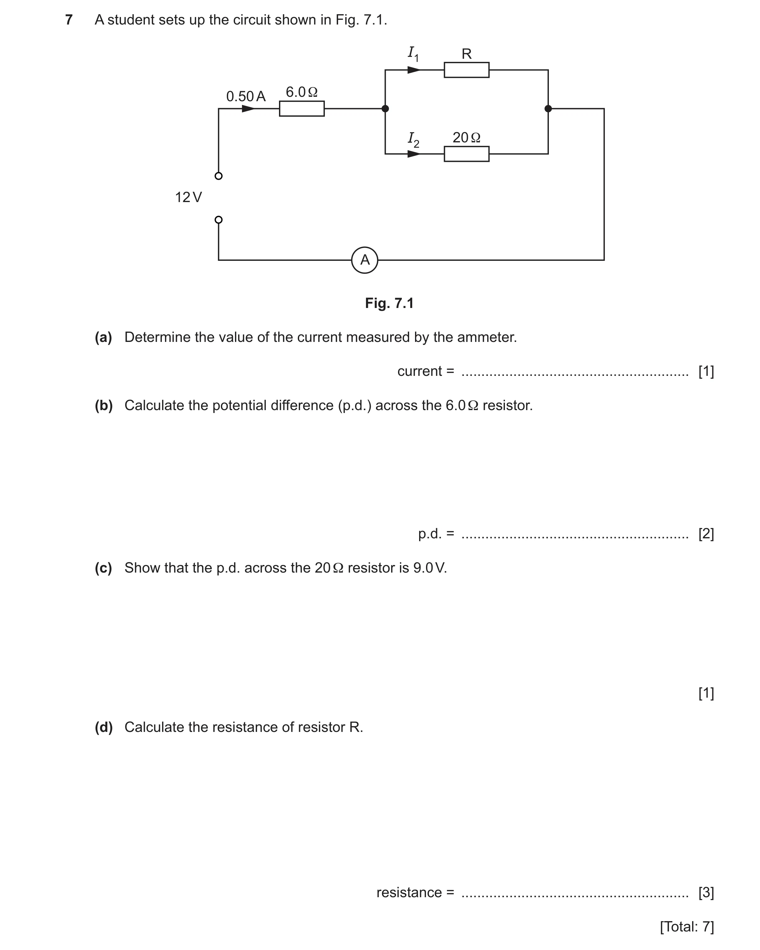 Question 63: A student sets up the circuit shown in Fig. 7.1. I1 R 6.0 Ω 0.50 A I2 20 Ω 12 V A Fig. 7.1 (a) Determine the value of the current measured …