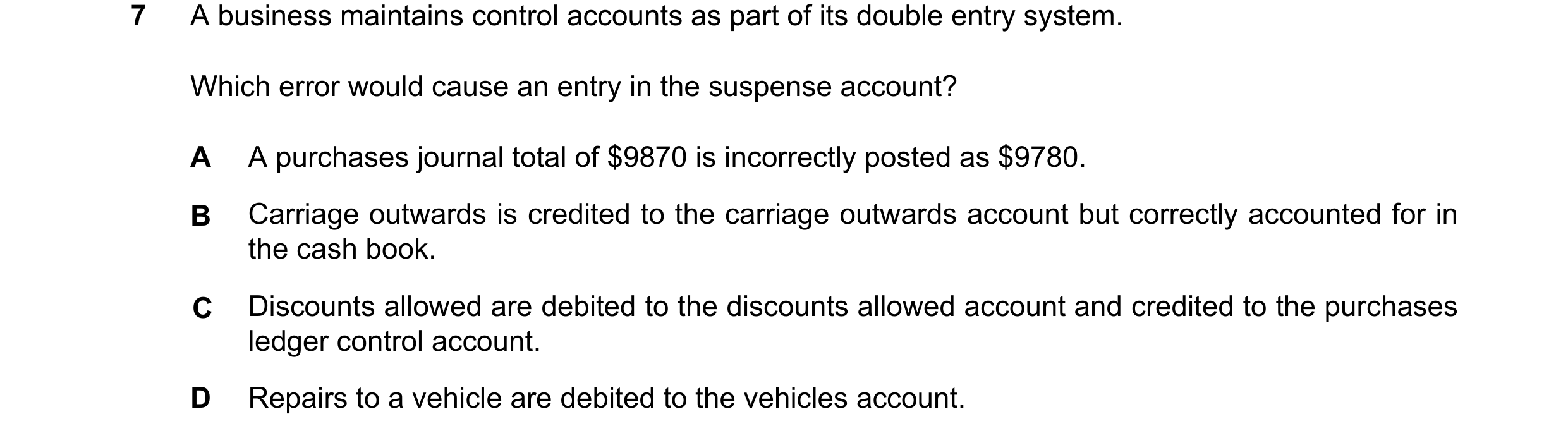 Question 399: A business maintains control accounts as part of its double entry system. Which error would cause an entry in the suspense account? A A pur…