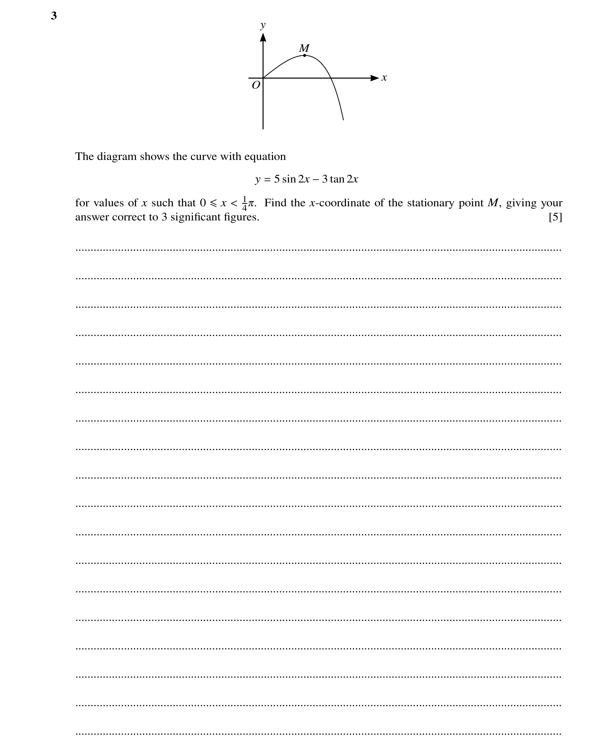 Question 66: y M x O The diagram shows the curve with equation y 5 sin 2x tan 2x = −3 for values of x such that 0 1 Find the x-coordinate of the station…
