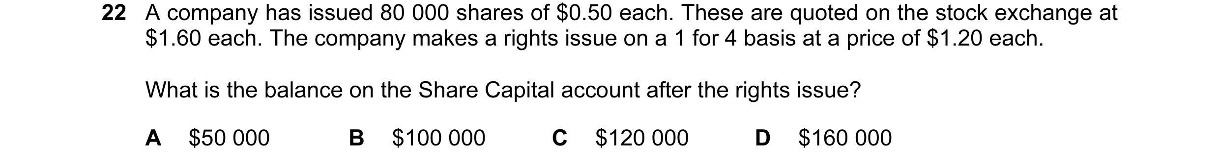 Question 16: A company has issued 80 000 shares of $0.50 each. These are quoted on the stock exchange at $1.60 each. The company makes a rights issue on…