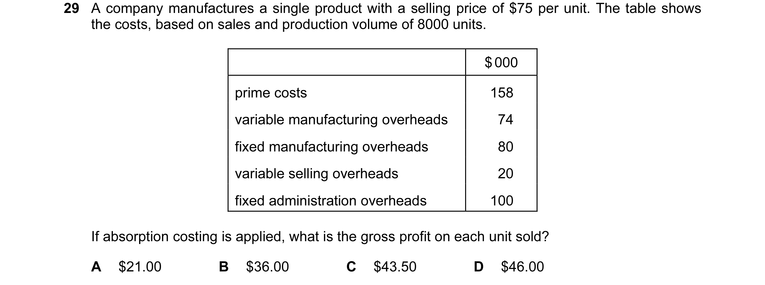 Question 2: A company manufactures a single product with a selling price of $75 per unit. The table shows the costs, based on sales and production volu…
