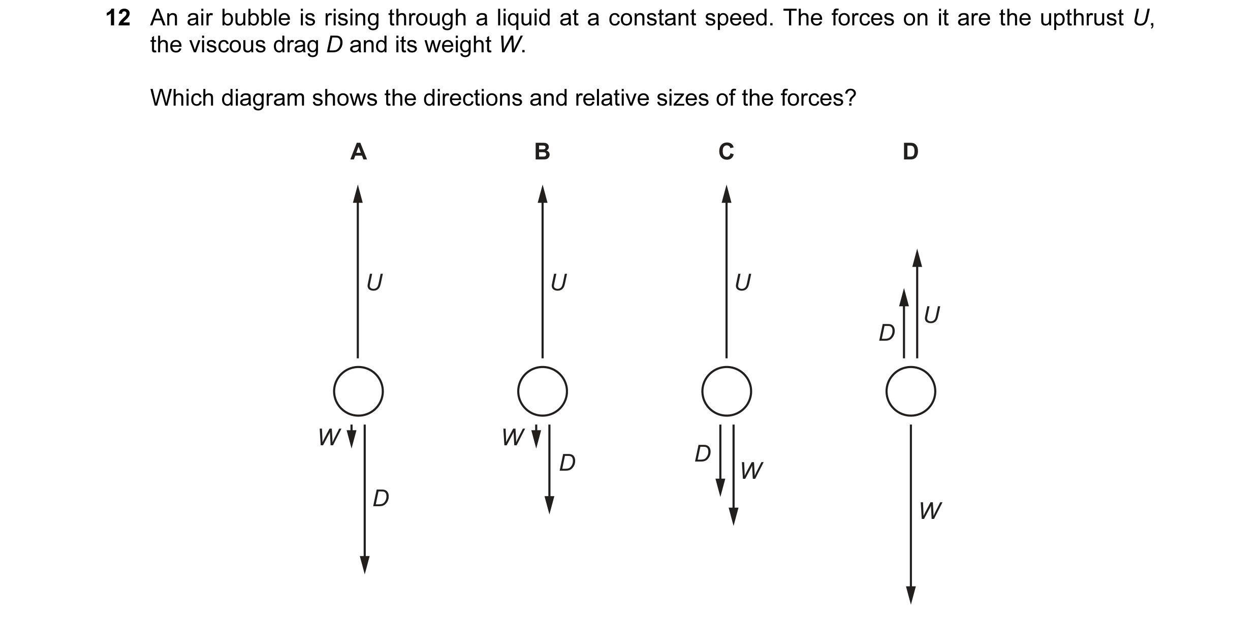 Question 76: An air bubble is rising through a liquid at a constant speed. The forces on it are the upthrust U, the viscous drag D and its weight W. Whi…