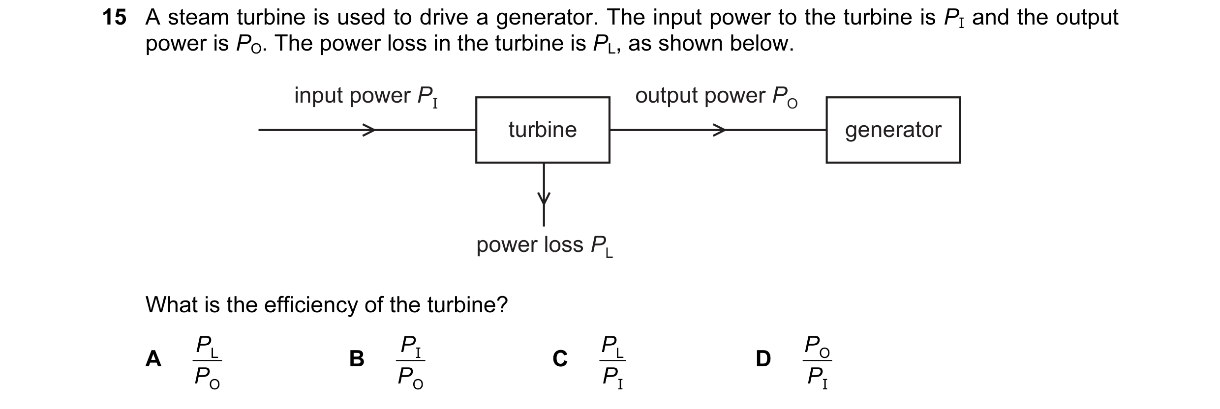 Question 131: A steam turbine is used to drive a generator. The input power to the turbine is PI and the output power is PO. The power loss in the turbin…