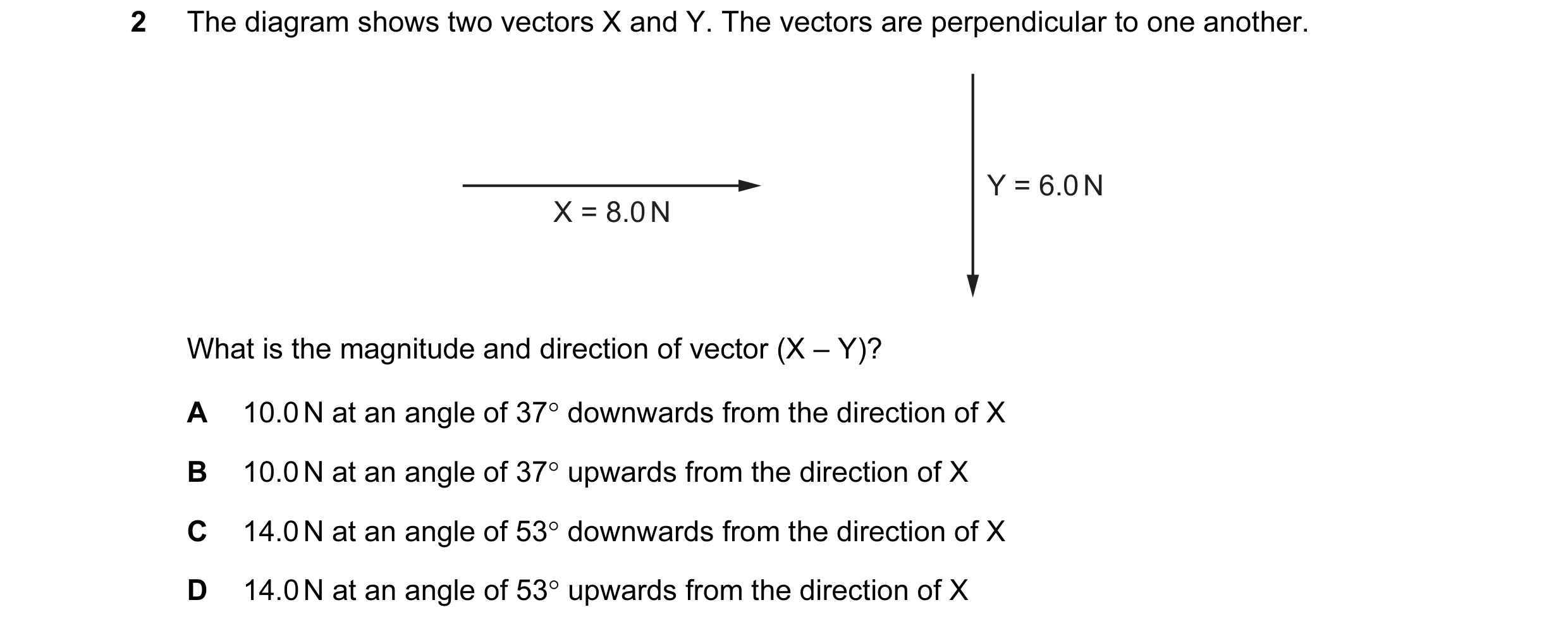 Question 65: The diagram shows two vectors X and Y. The vectors are perpendicular to one another. Y = 6.0 N X = 8.0 N What is the magnitude and directio…