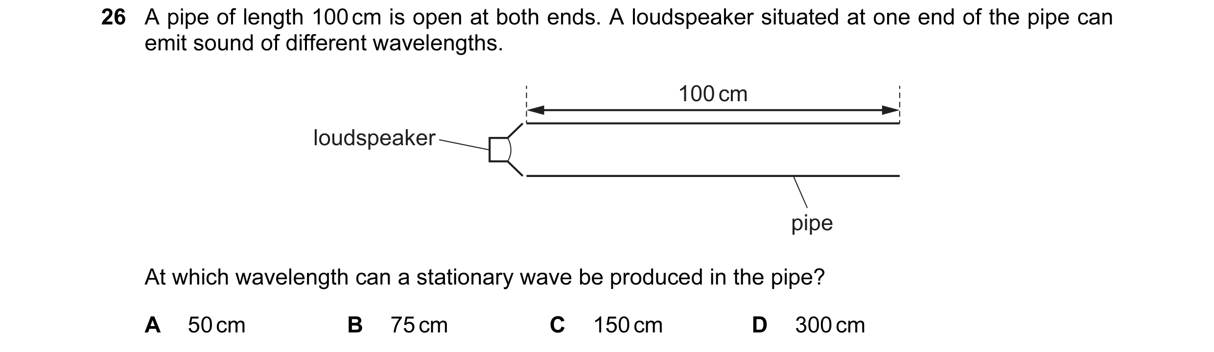 Question 60: A pipe of length 100 cm is open at both ends. A loudspeaker situated at one end of the pipe can emit sound of different wavelengths. 100 cm…