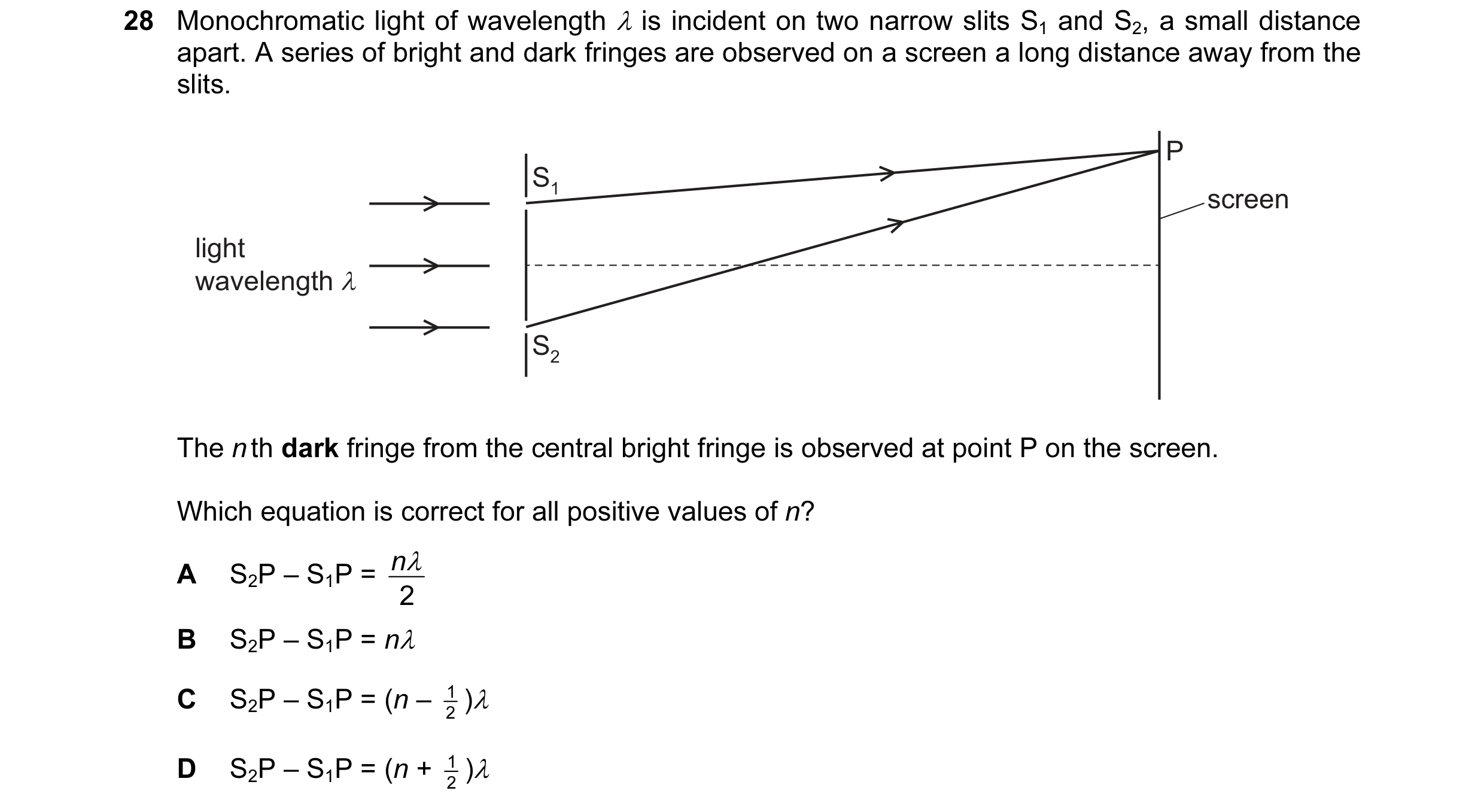 Question 49: Monochromatic light of wavelength λ is incident on two narrow slits S1 and S2, a small distance apart. A series of bright and dark fringes …