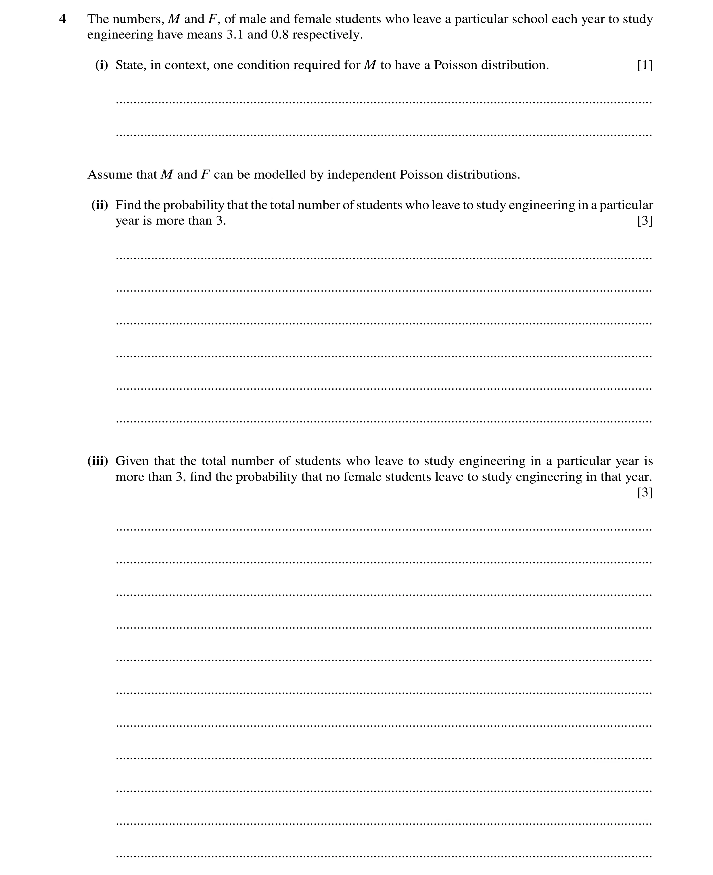 Question 42: The numbers, M and F, of male and female students who leave a particular school each year to study engineering have means 3.1 and 0.8 respe…