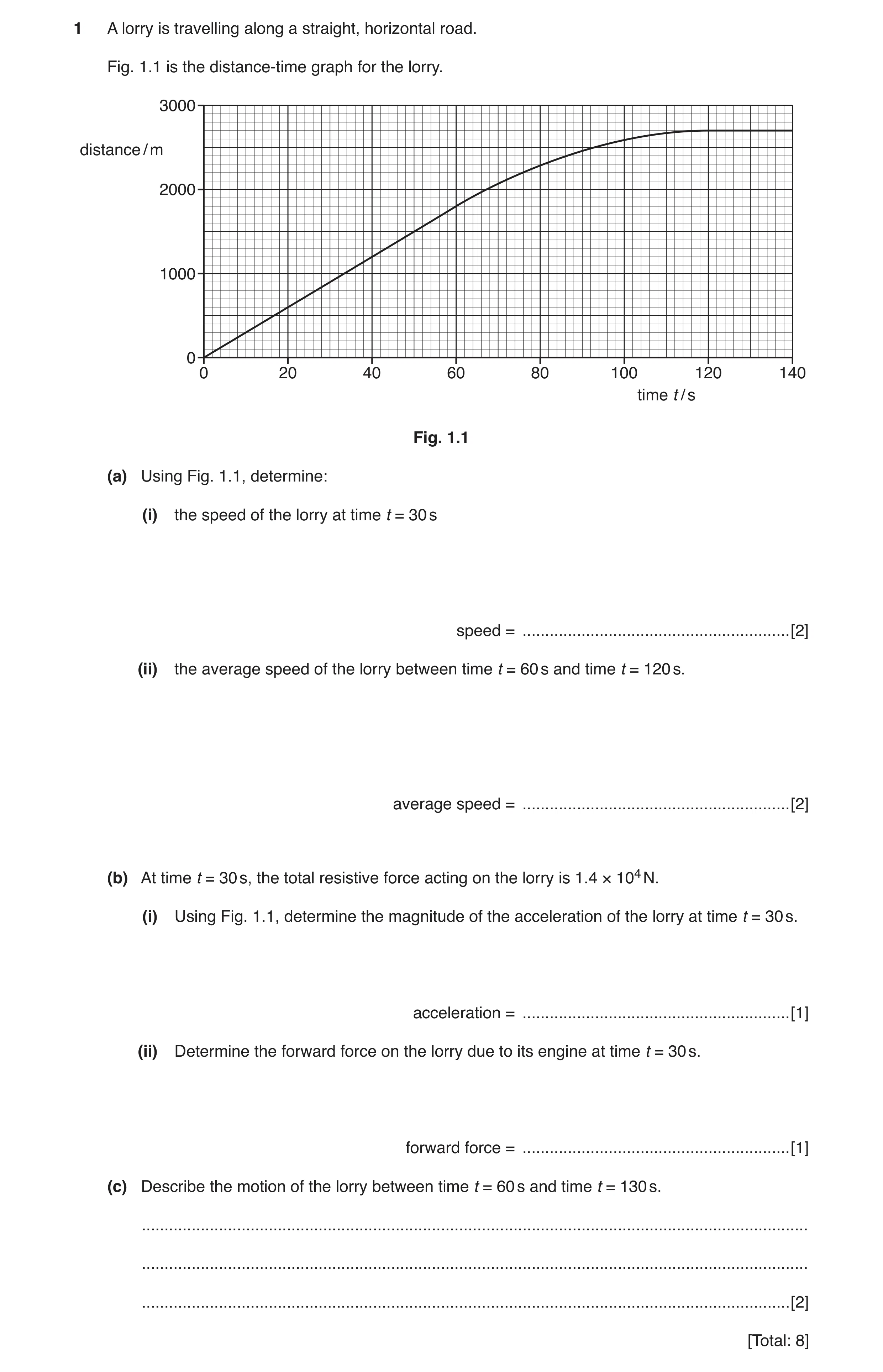 Question 11: A lorry is travelling along a straight, horizontal road. Fig. 1.1 is the distance-time graph for the lorry. 3000 distance / m 2000 1000 0 0…