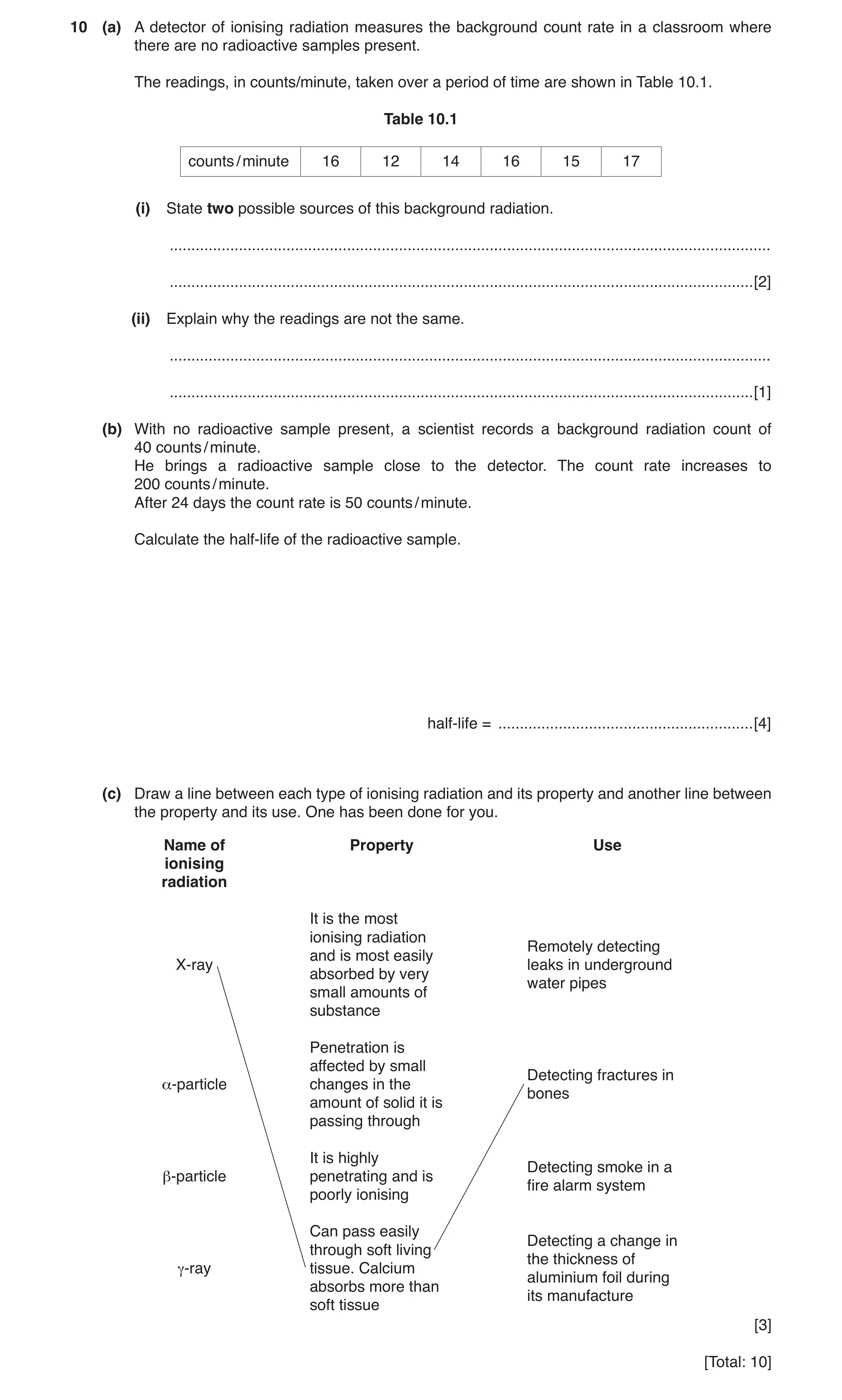 Question 20: (a) A detector of ionising radiation measures the background count rate in a classroom where there are no radioactive samples present. The …