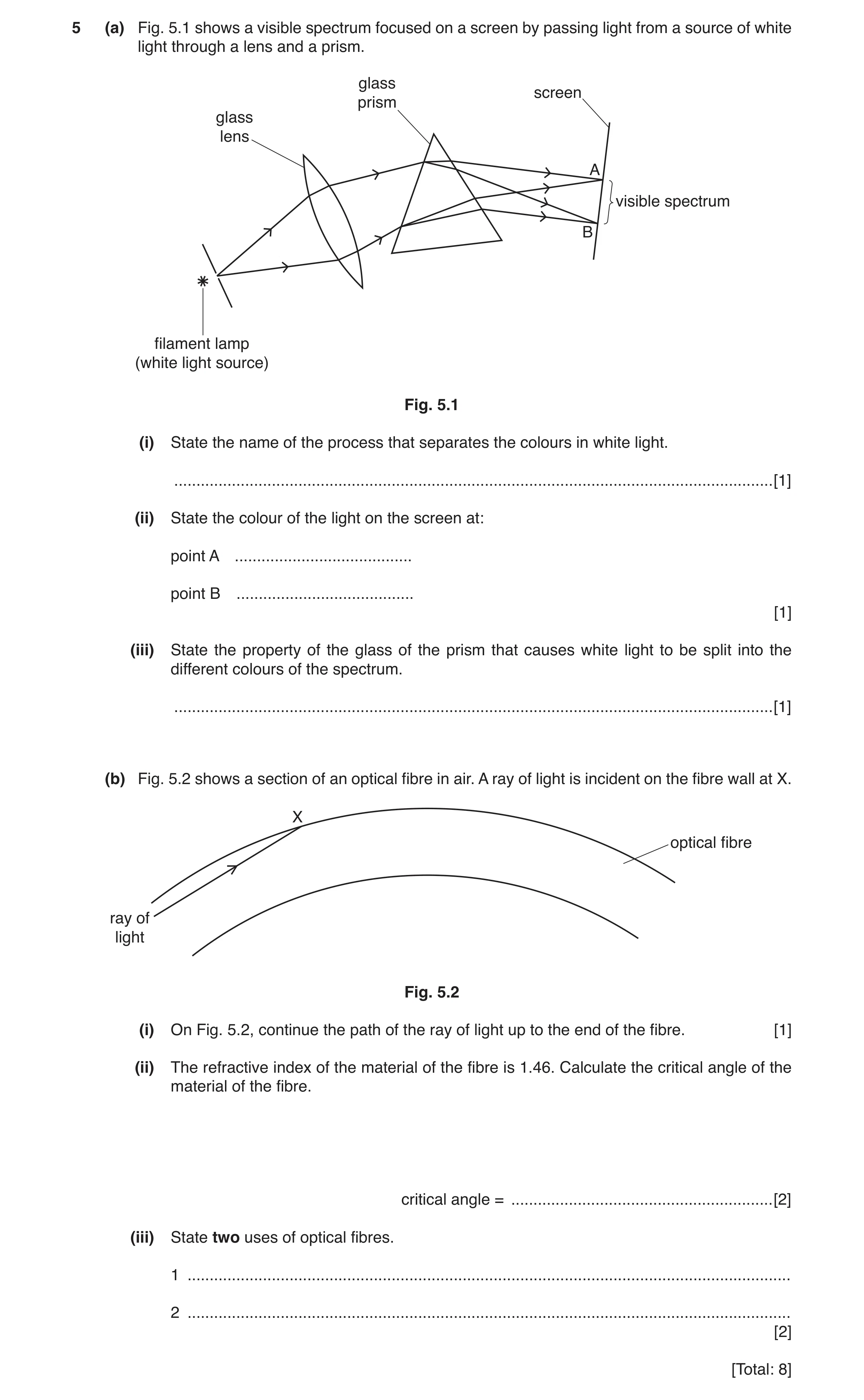 Question 13: (a) Fig. 5.1 shows a visible spectrum focused on a screen by passing light from a source of white light through a lens and a prism. glass s…