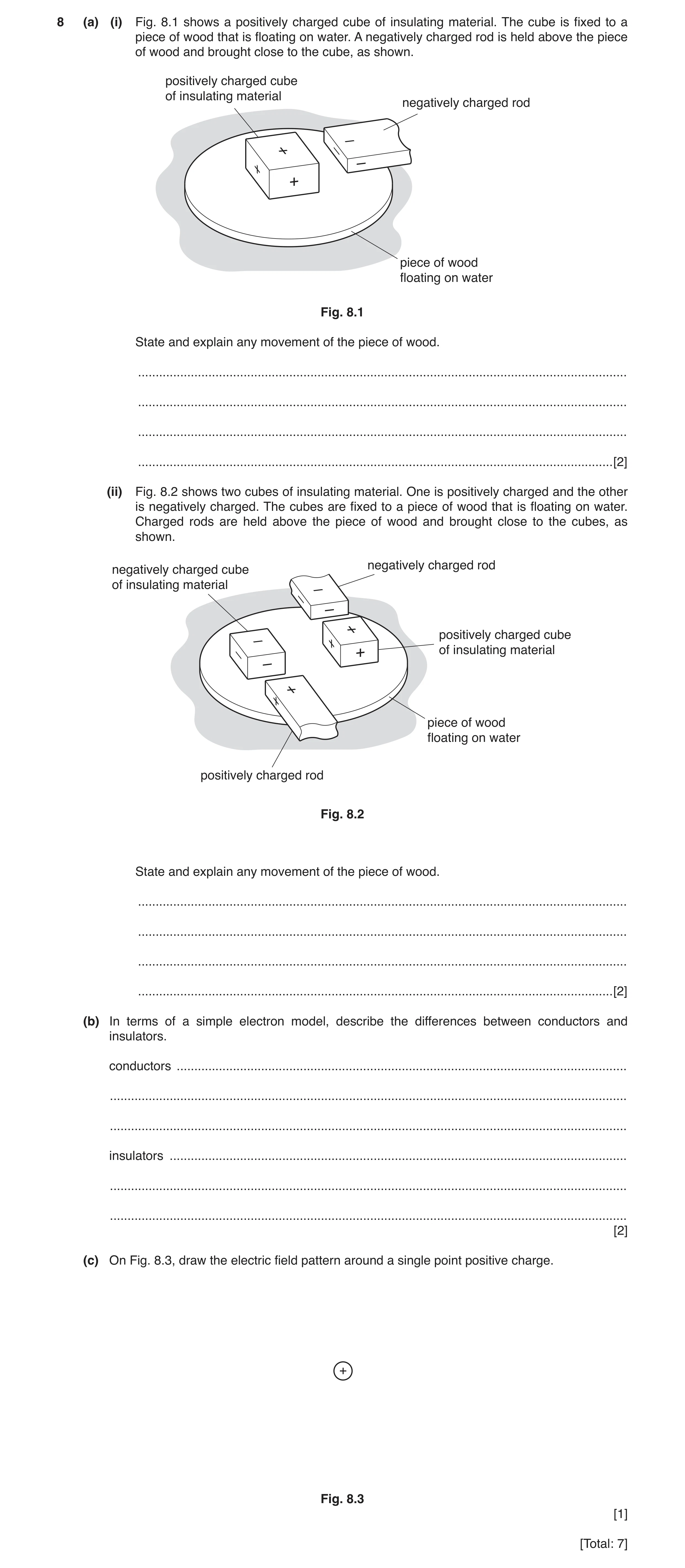 Question 6: (a) (i) Fig. 8.1 shows a positively charged cube of insulating material. The cube is fixed to a piece of wood that is floating on water. A …