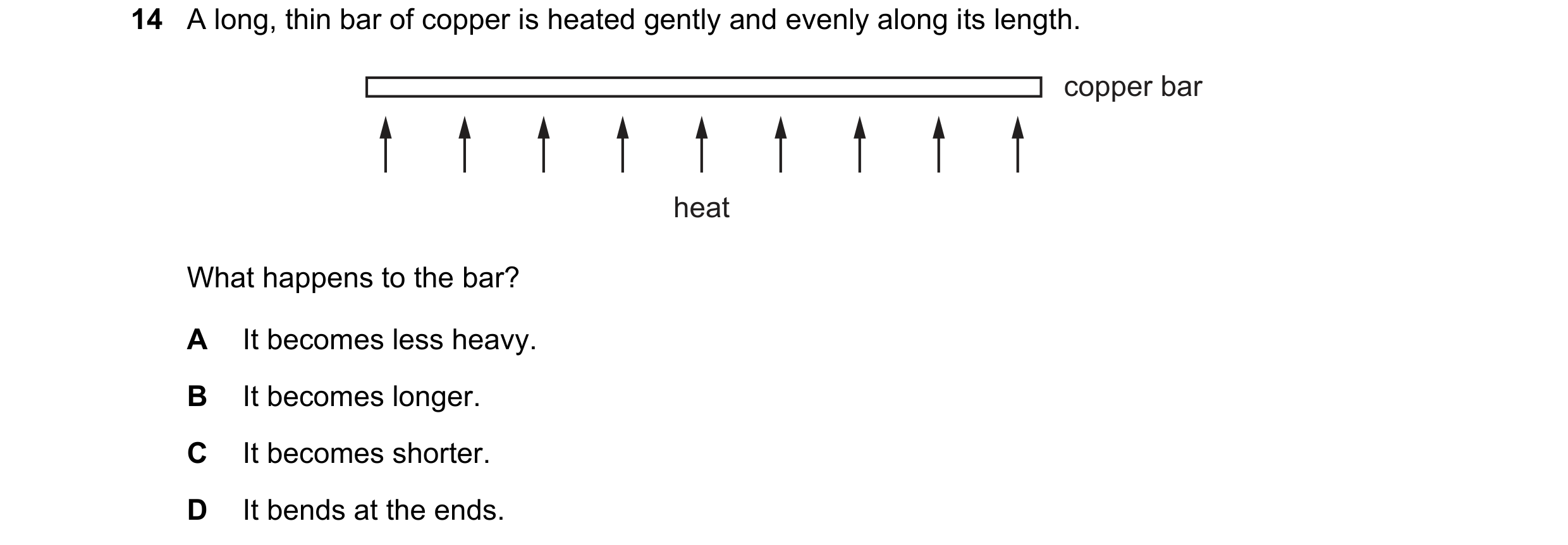 Question 27: A long, thin bar of copper is heated gently and evenly along its length. copper bar heat What happens to the bar? A It becomes less heavy. …
