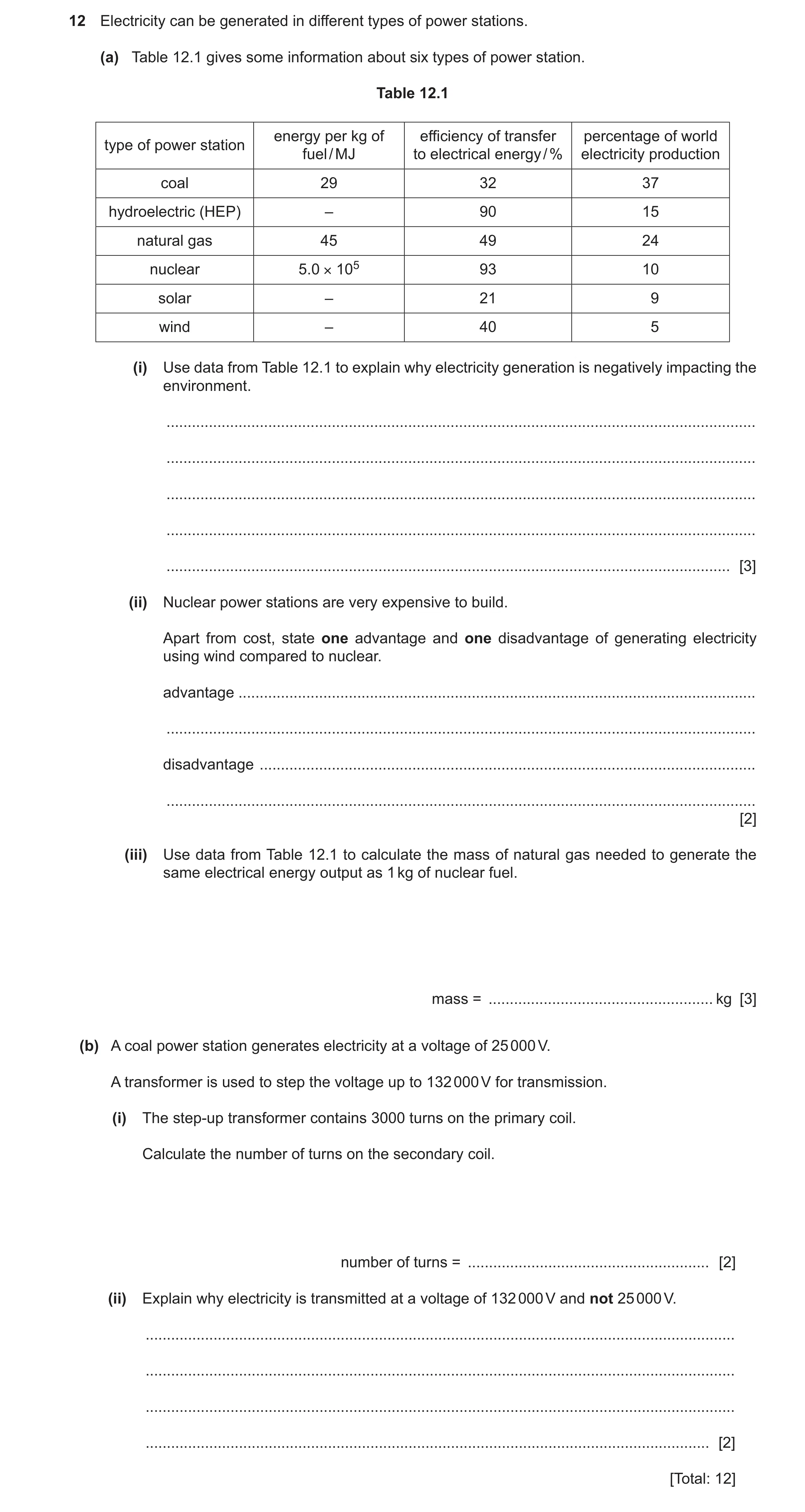 Question 27: Electricity can be generated in different types of power stations. (a) Table 12.1 gives some information about six types of power station. …