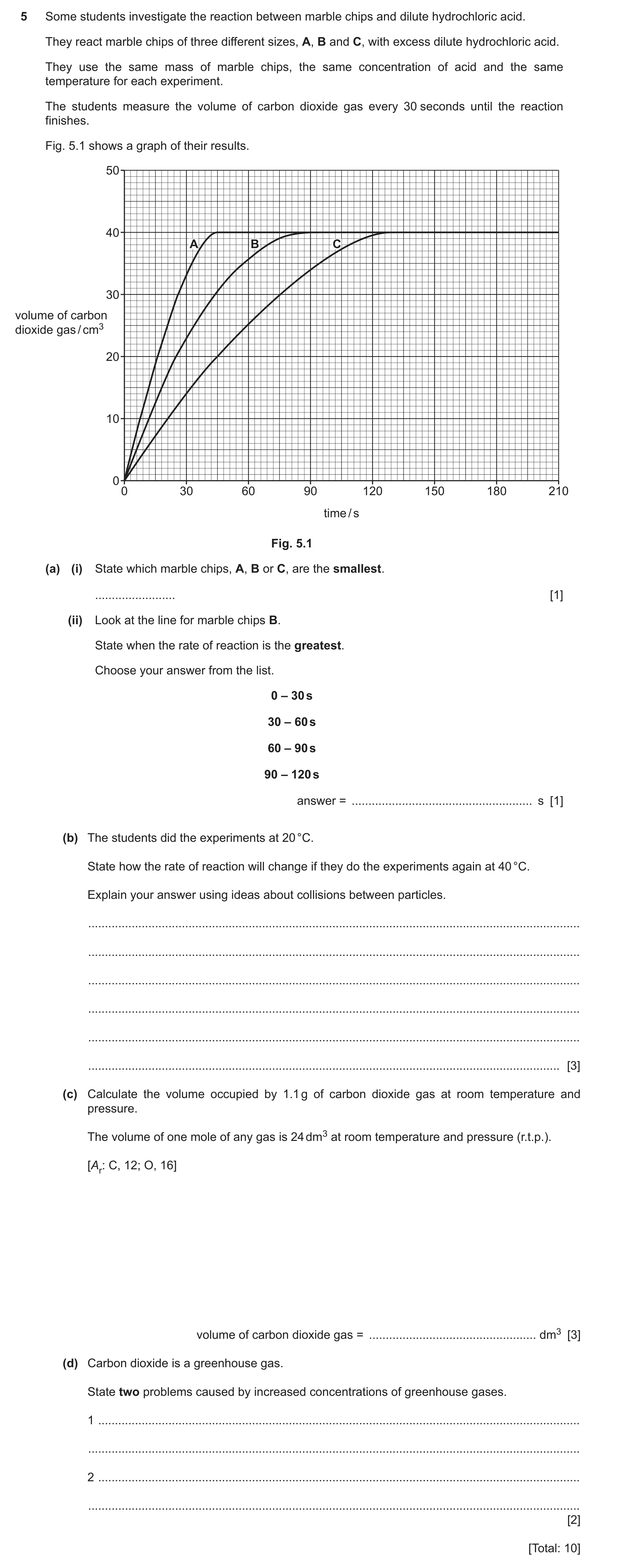Question 36: Some students investigate the reaction between marble chips and dilute hydrochloric acid. They react marble chips of three different sizes,…