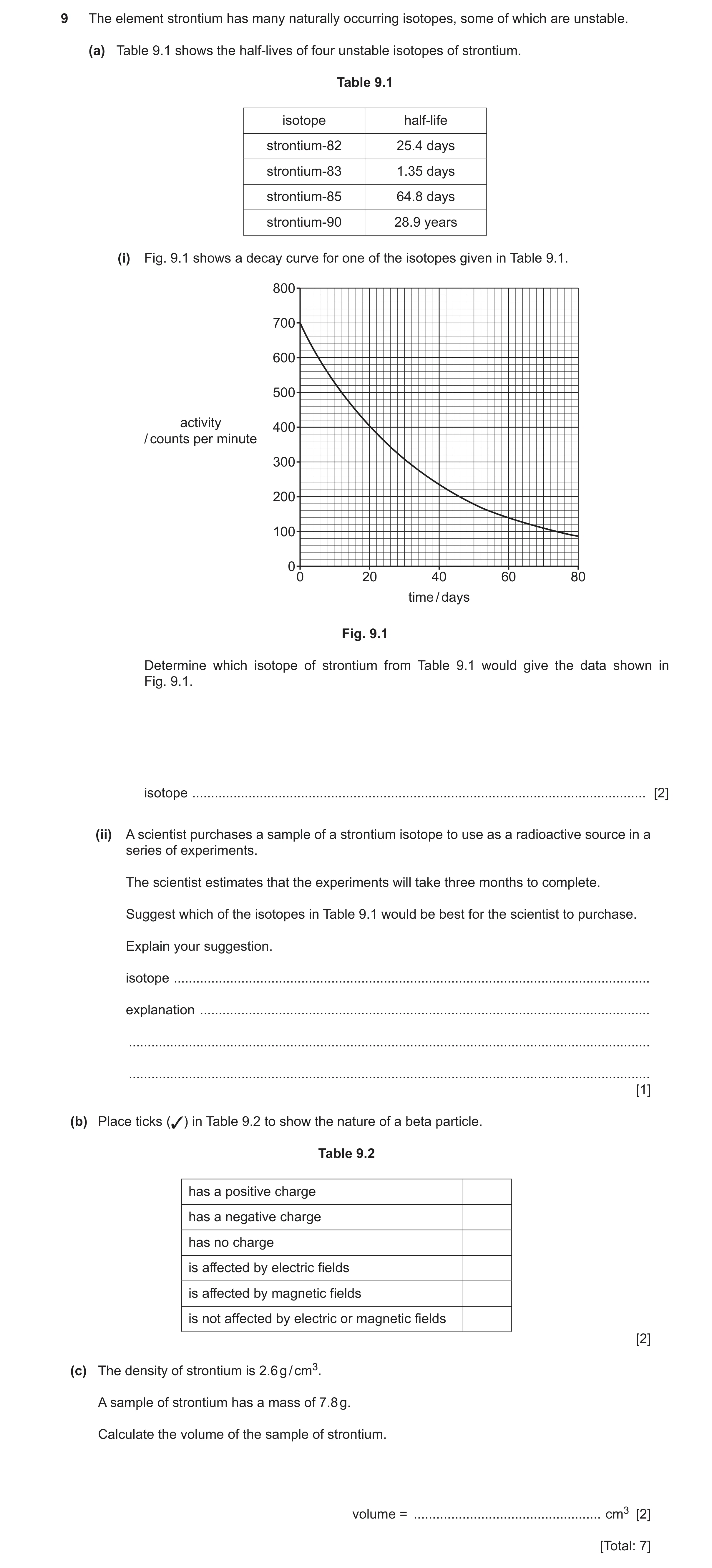 Question 13: The element strontium has many naturally occurring isotopes, some of which are unstable. (a) Table 9.1 shows the half‑lives of four unstabl…