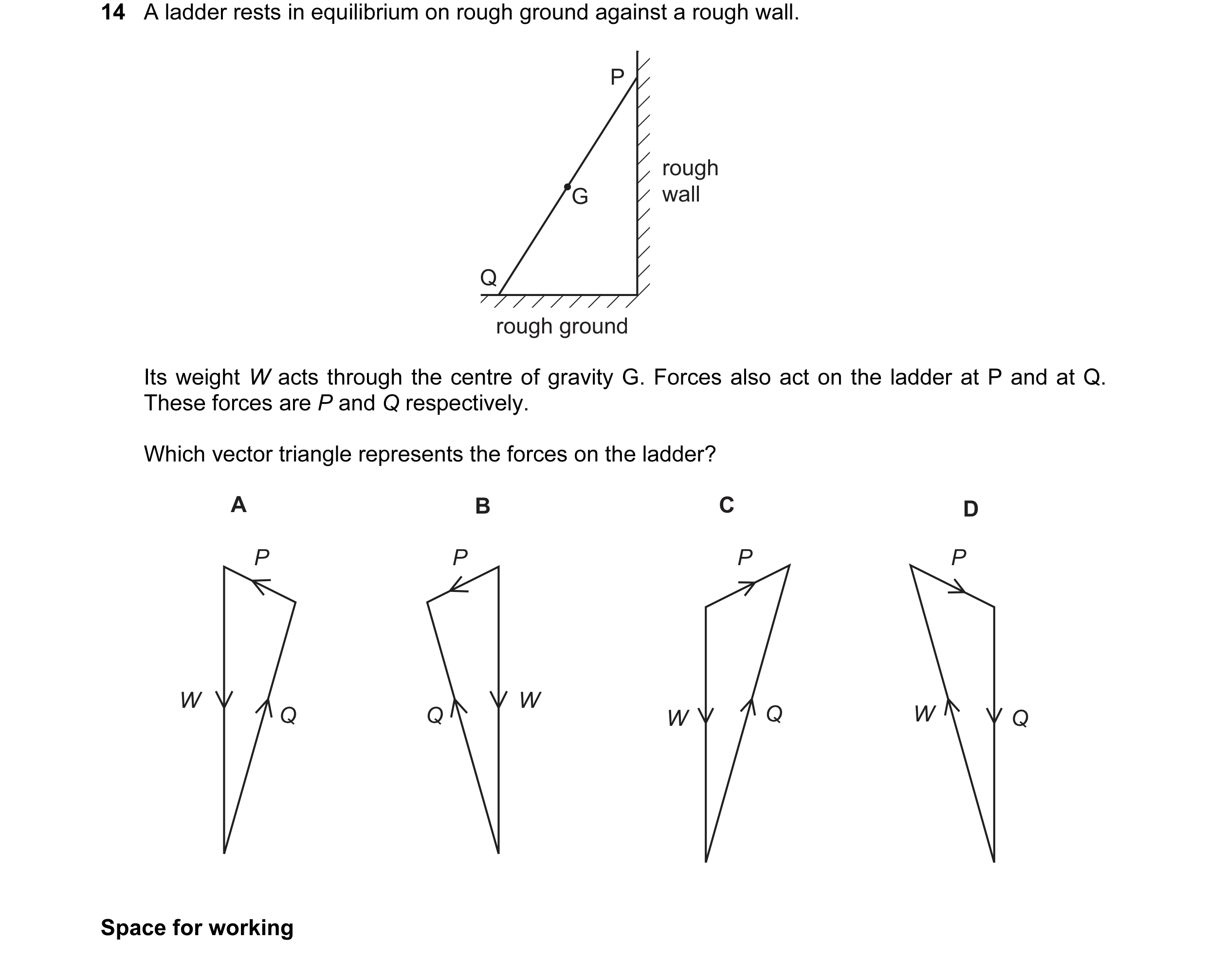 Question 25: A ladder rests in equilibrium on rough ground against a rough wall. P rough G wall Q rough ground Its weight W acts through the centre of g…