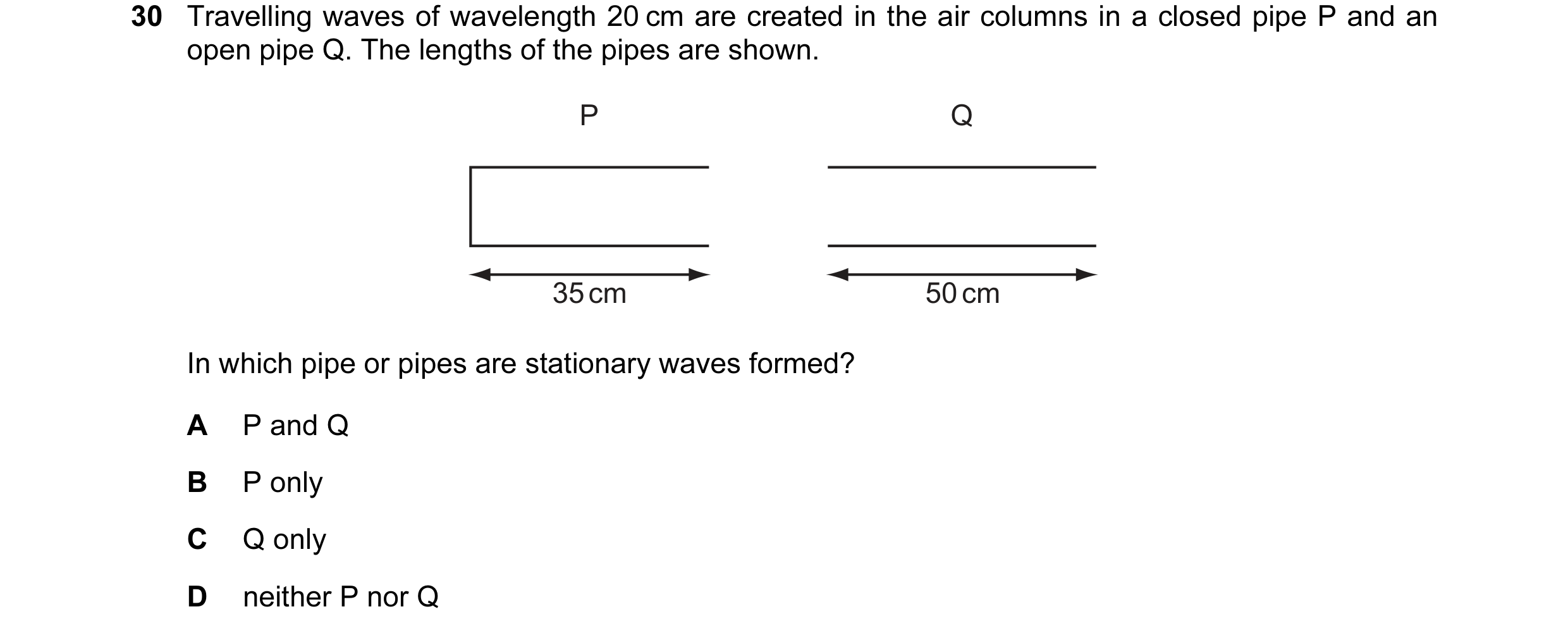 Question 23: Travelling waves of wavelength 20 cm are created in the air columns in a closed pipe P and an open pipe Q. The lengths of the pipes are sho…